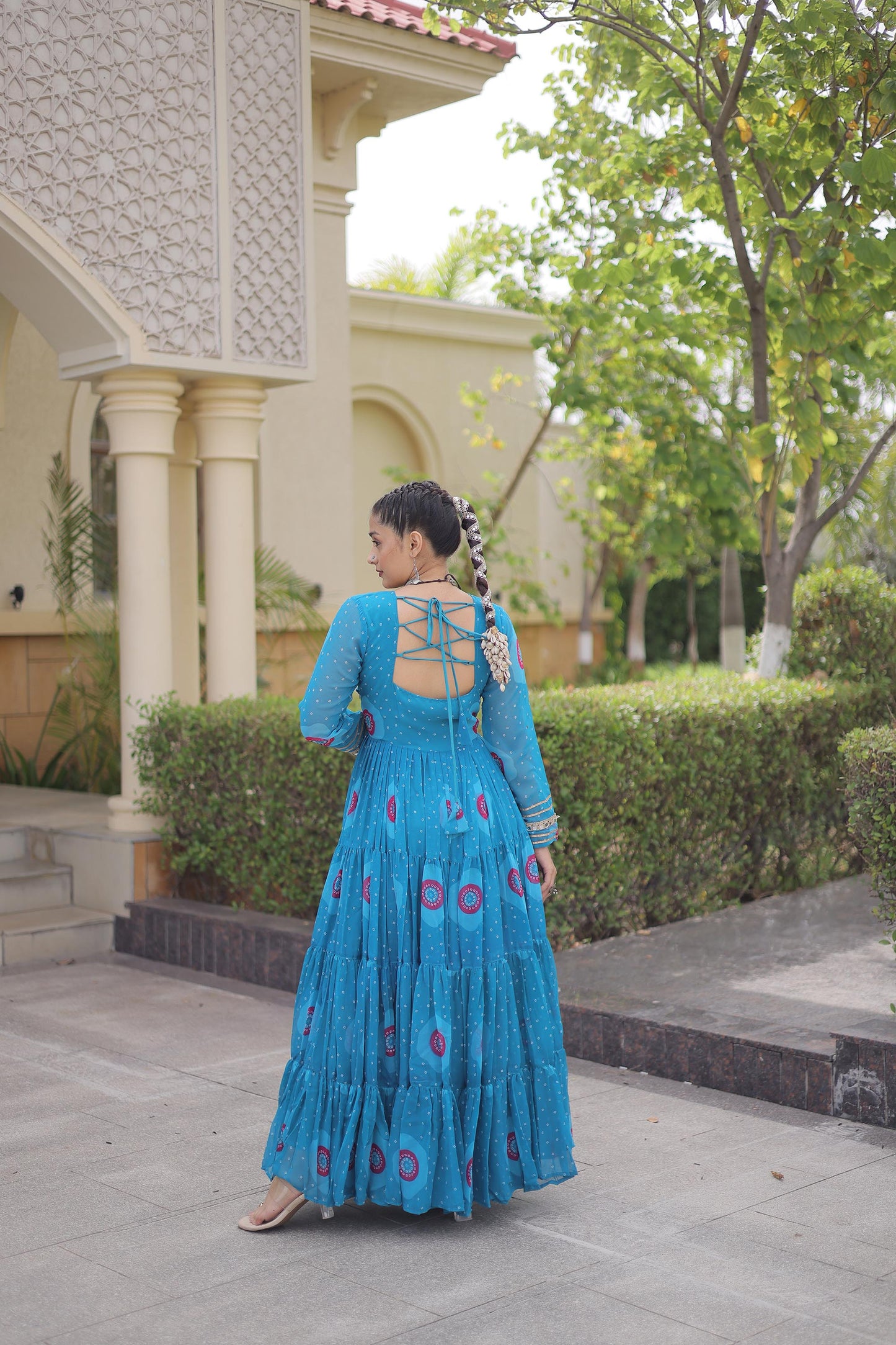 Sky Blue Faux Georgette Bandhani Print & Kutchi Patchwork Anarkali Gown