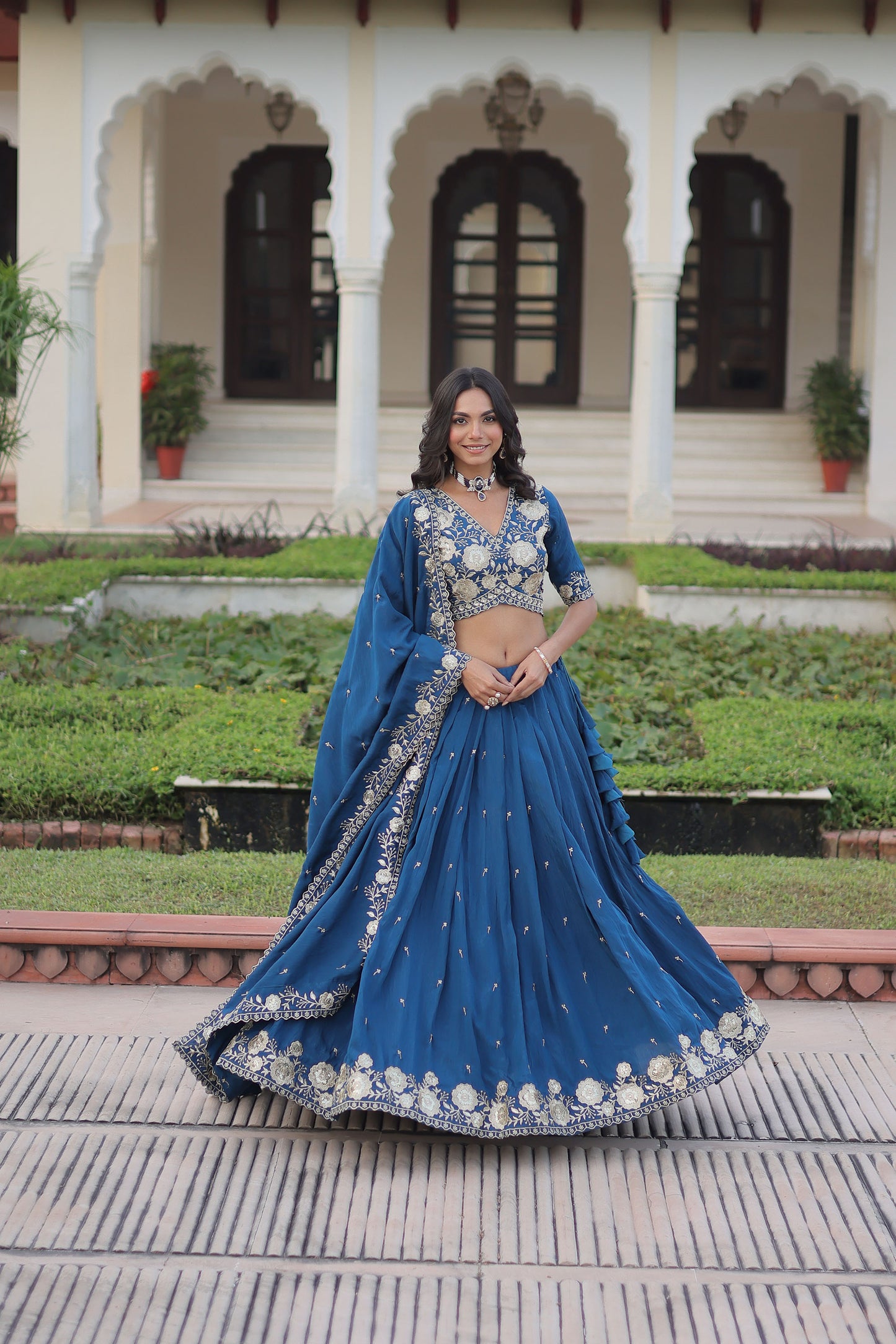 Teal Blue Vichitra Silk With Heavy Sequins & Thread Embroidered work Lehenga