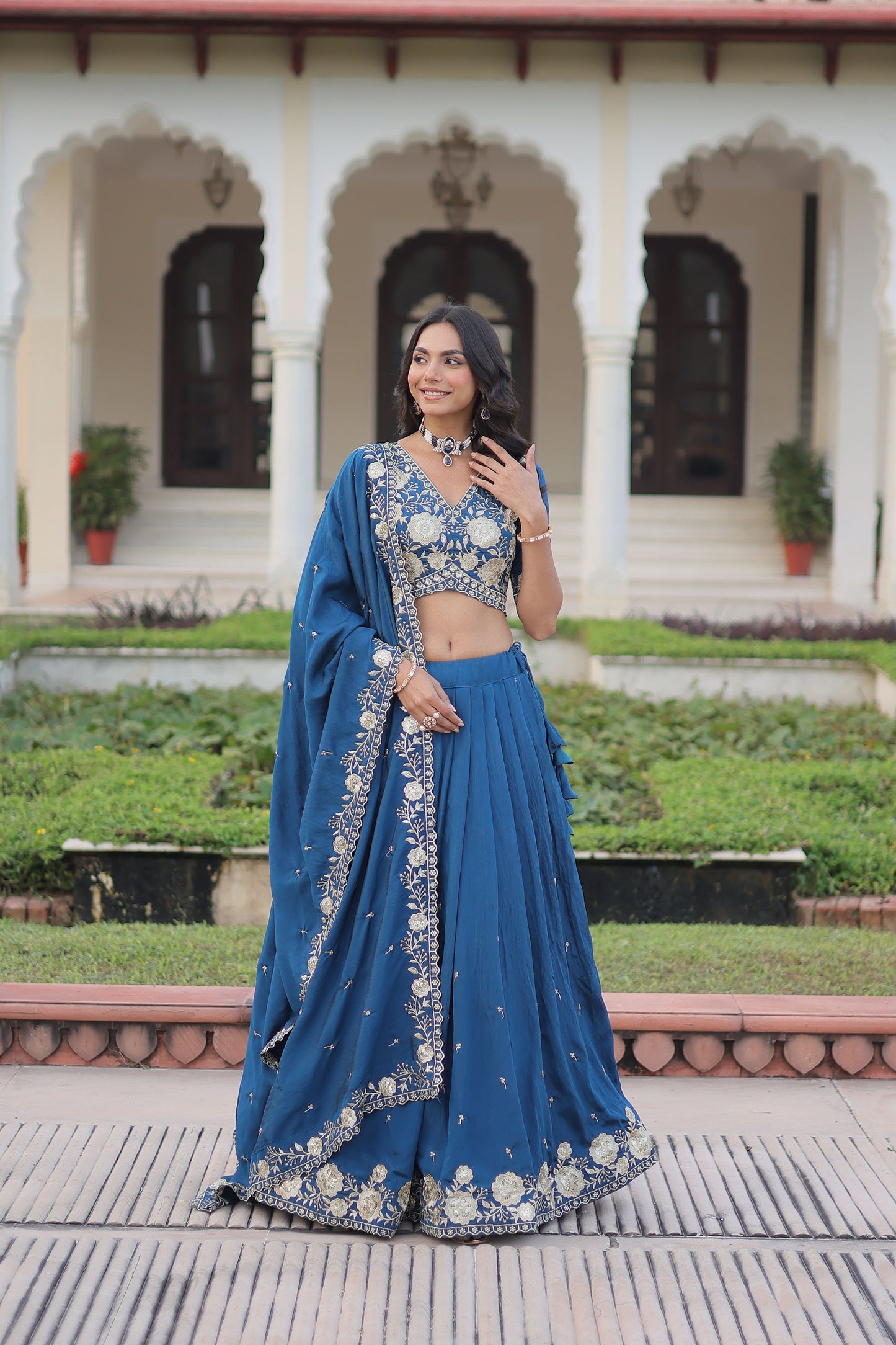 Teal Blue Vichitra Silk With Heavy Sequins & Thread Embroidered work Lehenga