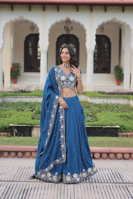 Teal Blue Vichitra Silk With Heavy Sequins & Thread Embroidered work Lehenga
