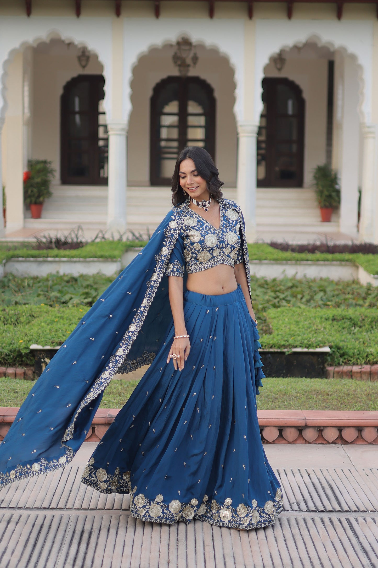 Teal Blue Vichitra Silk With Heavy Sequins & Thread Embroidered work Lehenga