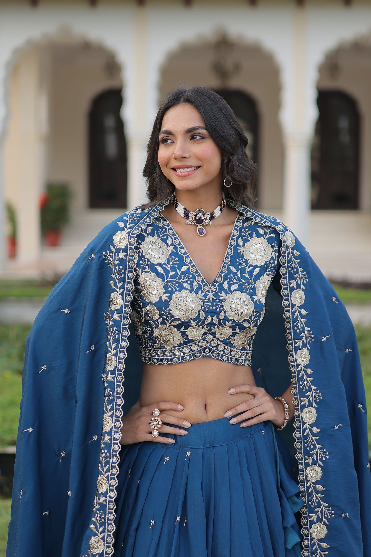Teal Blue Vichitra Silk With Heavy Sequins & Thread Embroidered work Lehenga