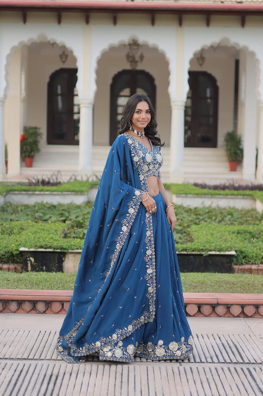 Teal Blue Vichitra Silk With Heavy Sequins & Thread Embroidered work Lehenga