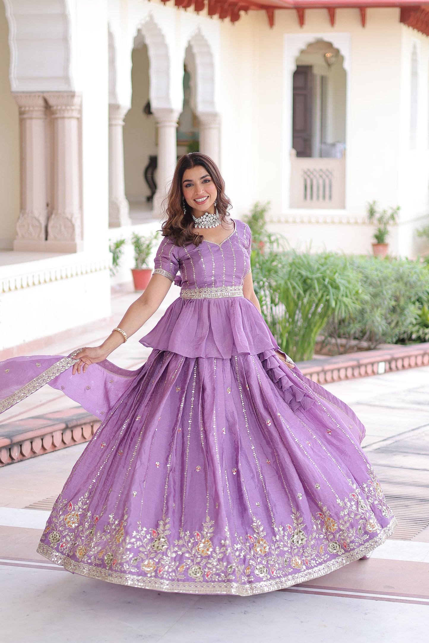 Lilac Crush Silk Zari Sequins-Work  Lehenga For Festival