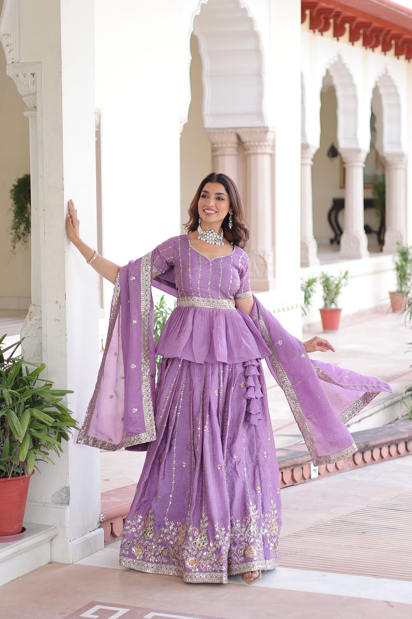 Lilac Crush Silk Zari Sequins-Work  Lehenga For Festival