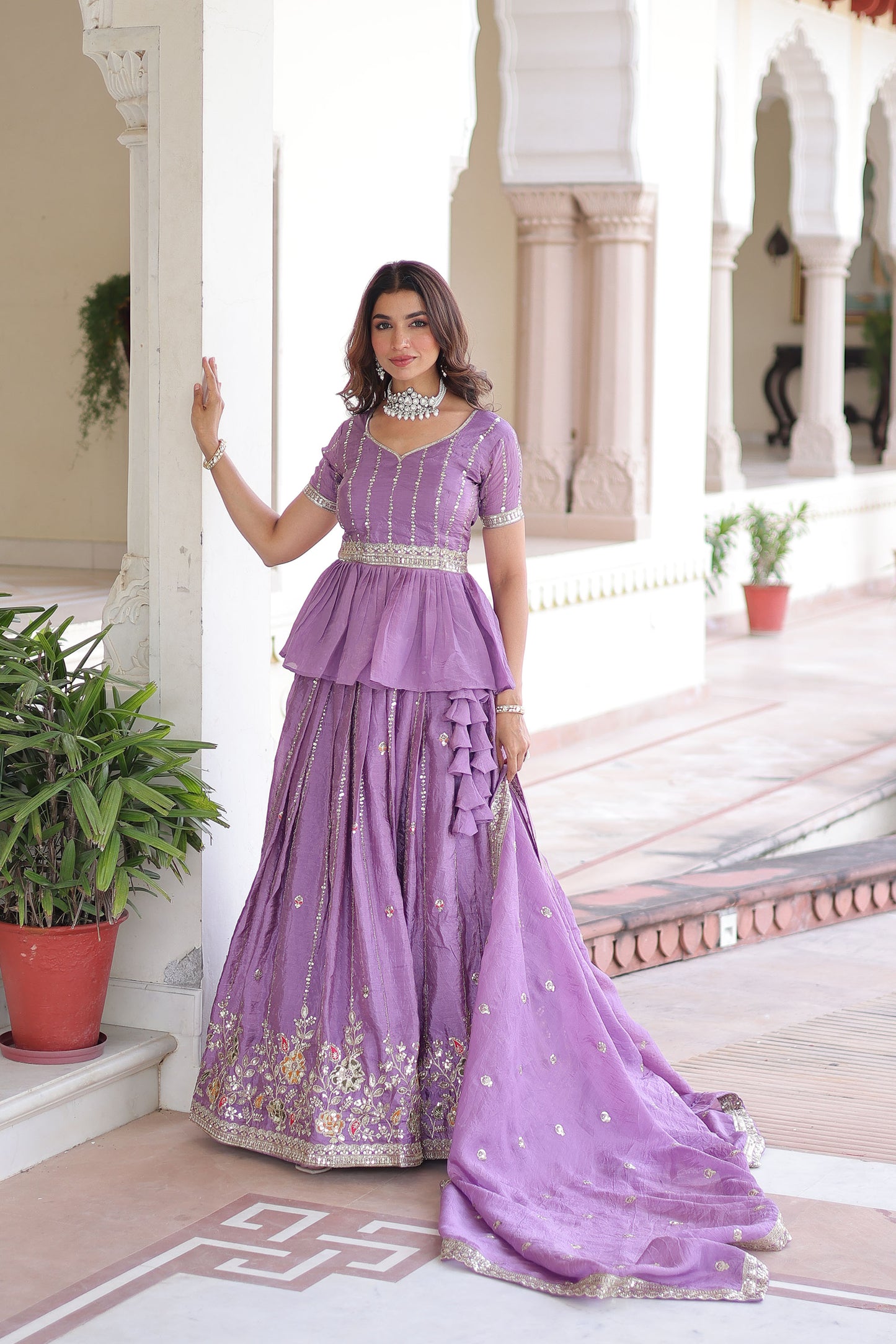 Lilac Crush Silk Zari Sequins-Work  Lehenga For Festival