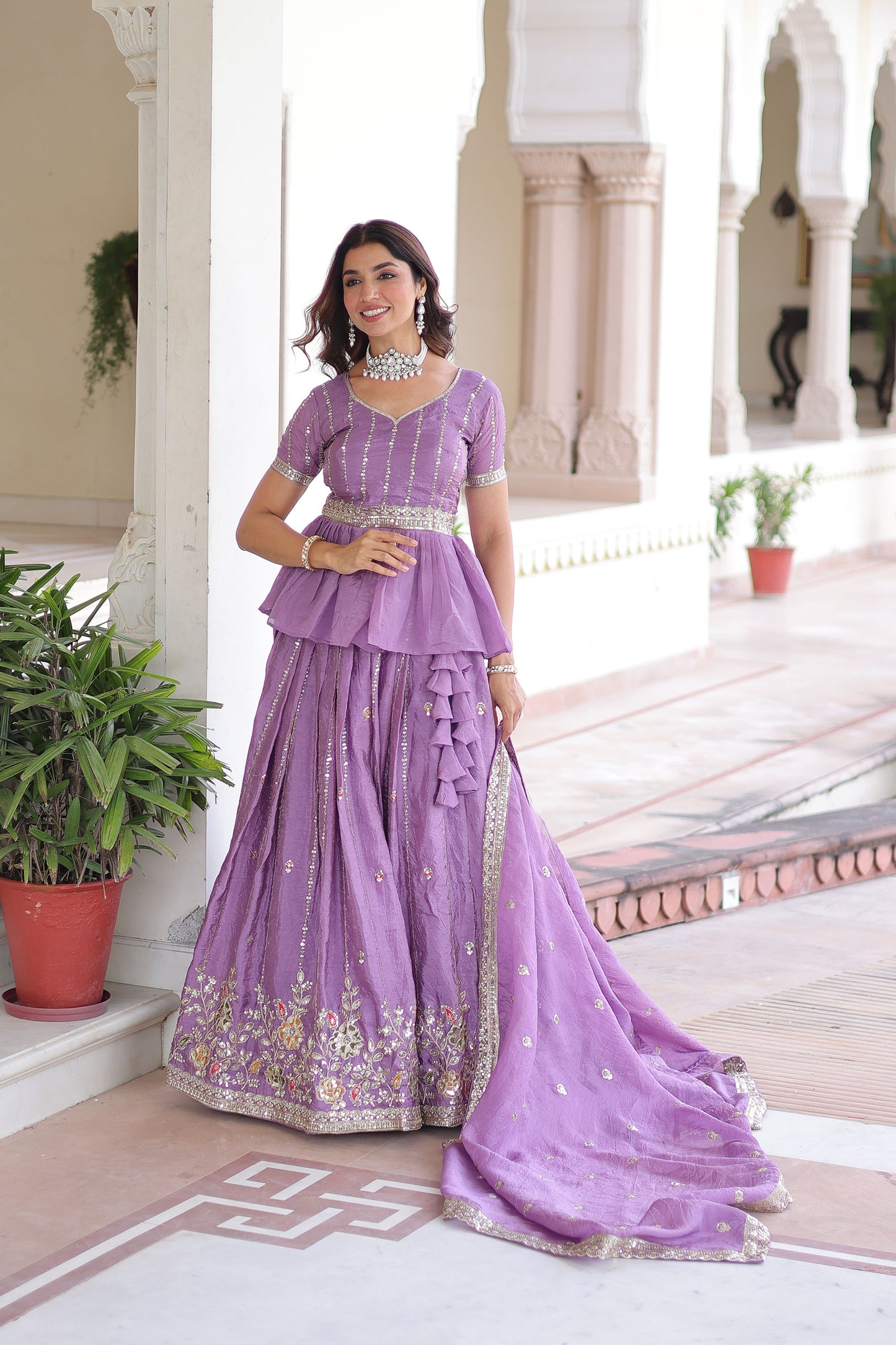 Lilac Crush Silk Zari Sequins-Work  Lehenga For Festival