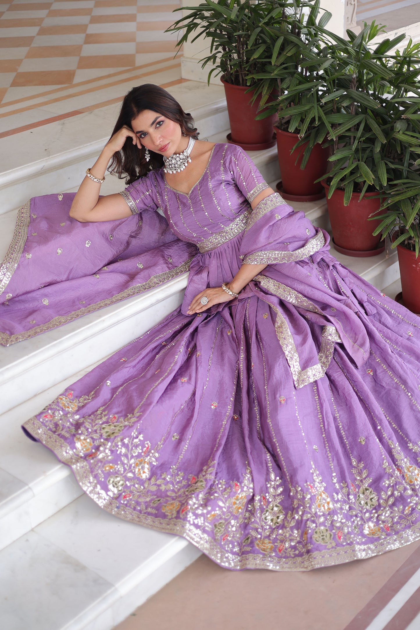 Lilac Crush Silk Zari Sequins-Work  Lehenga For Festival