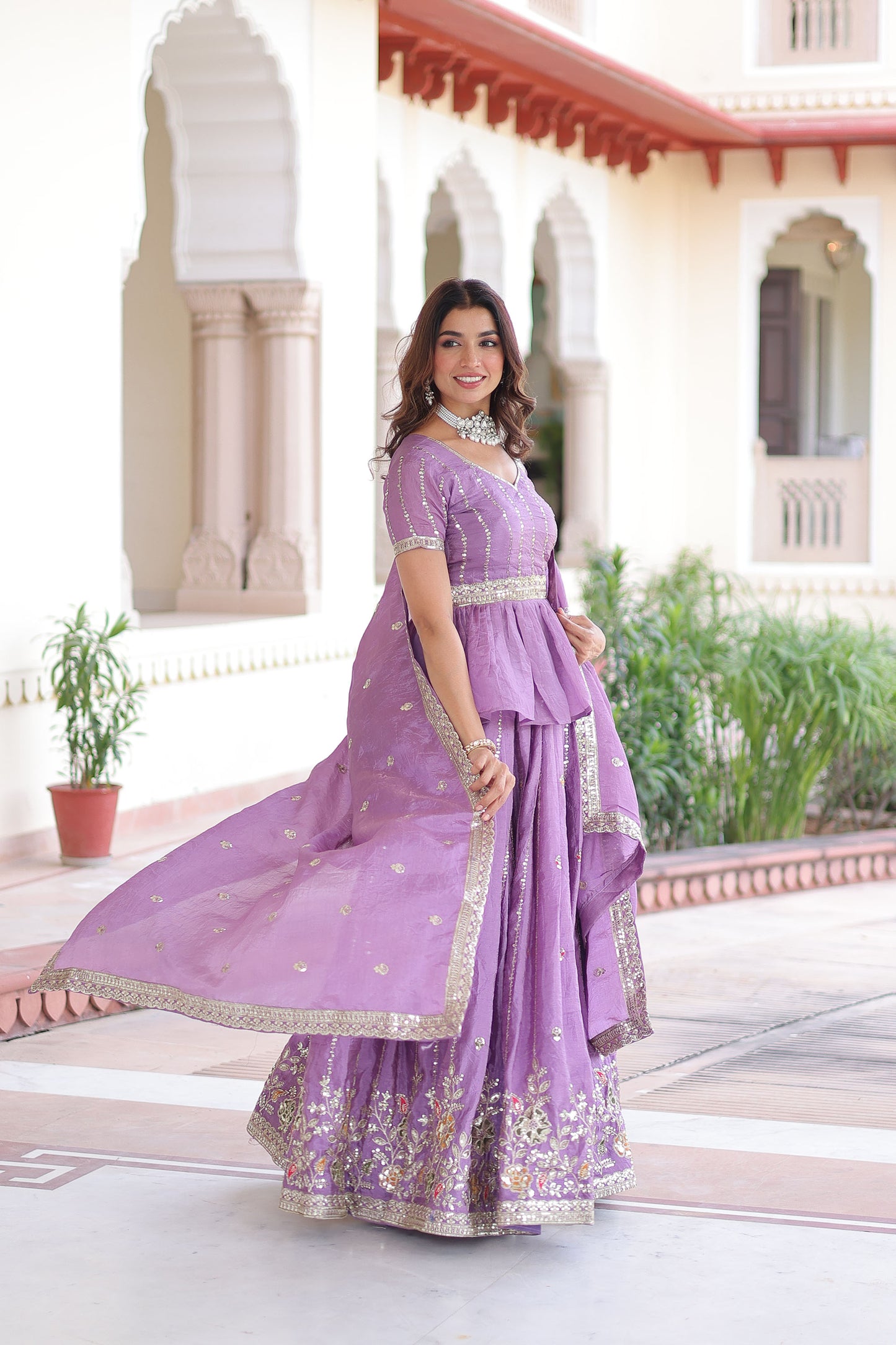 Lilac Crush Silk Zari Sequins-Work  Lehenga For Festival