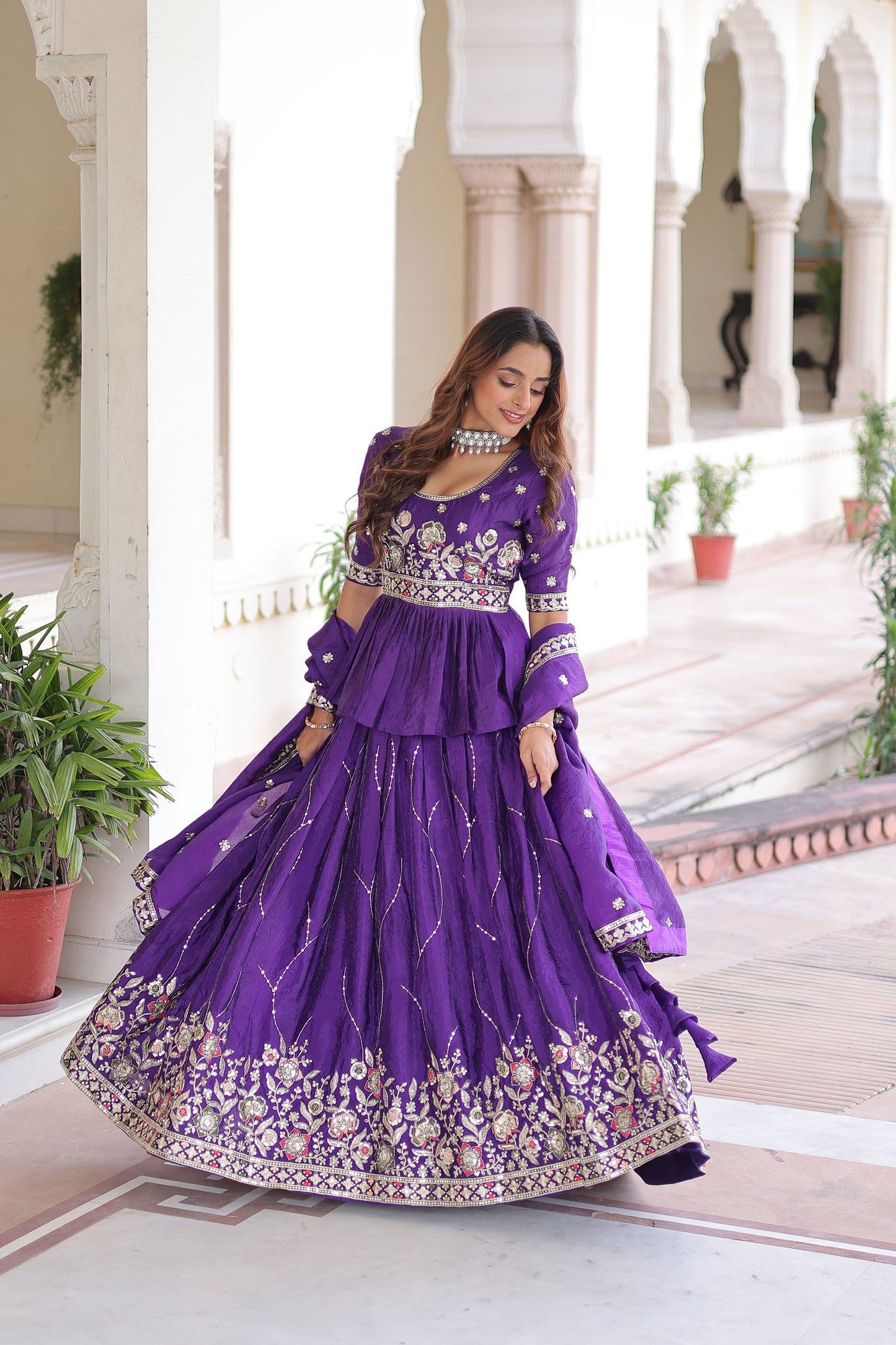 Purple Crush with Multi Thread Embroidery Zari Sequins-Work Bridesmaid Lehenga