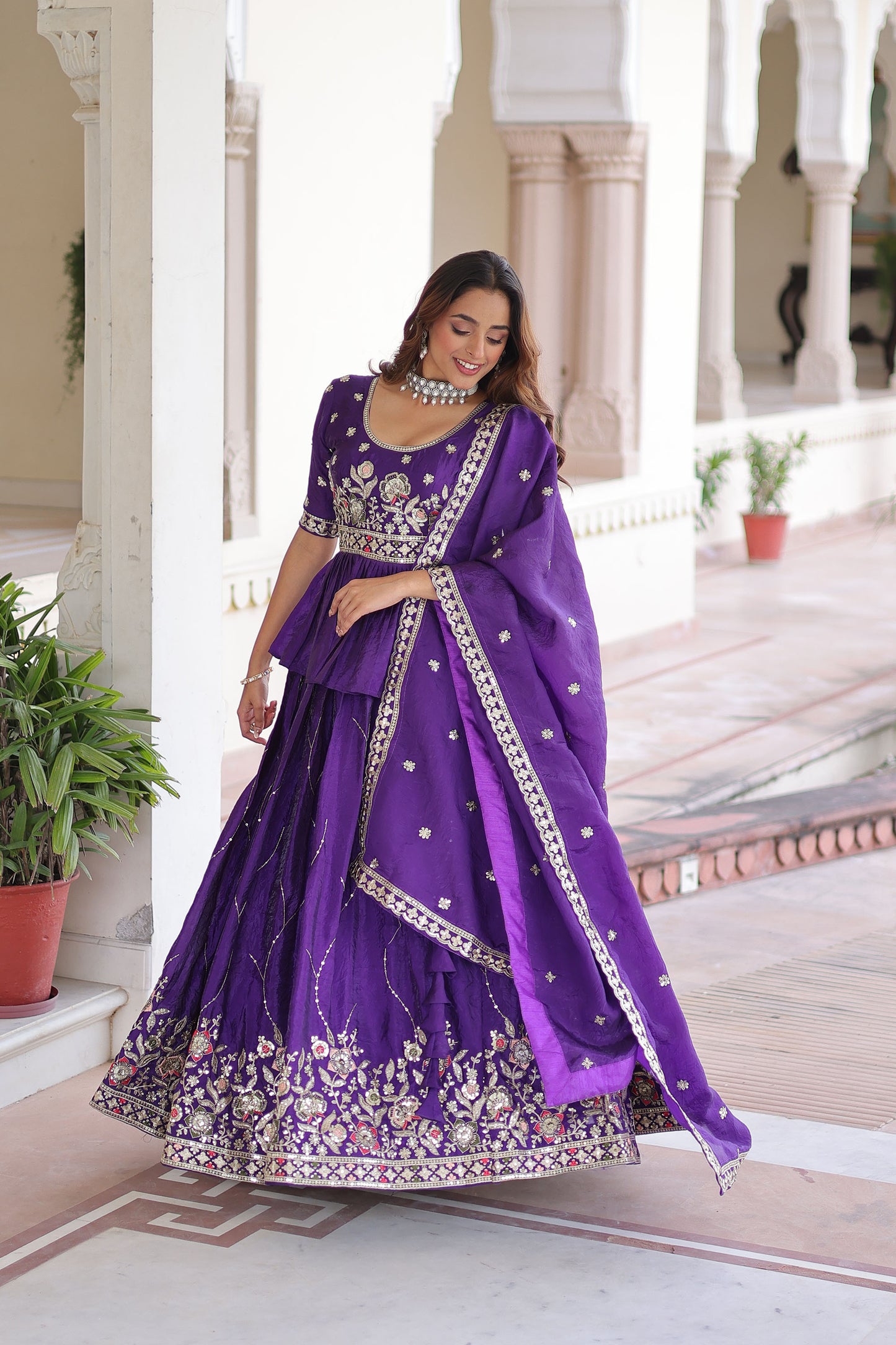 Purple Crush with Multi Thread Embroidery Zari Sequins-Work Bridesmaid Lehenga