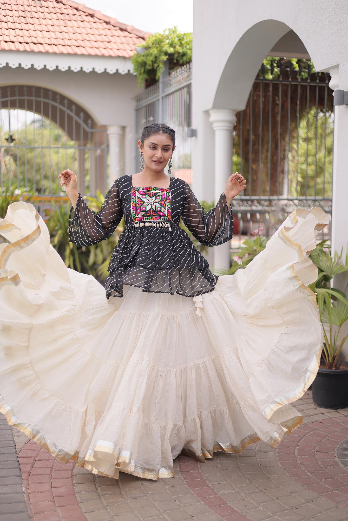 White & Black Kutchi Gamthi Patch Work Cotton Navratri Lehenga Choli