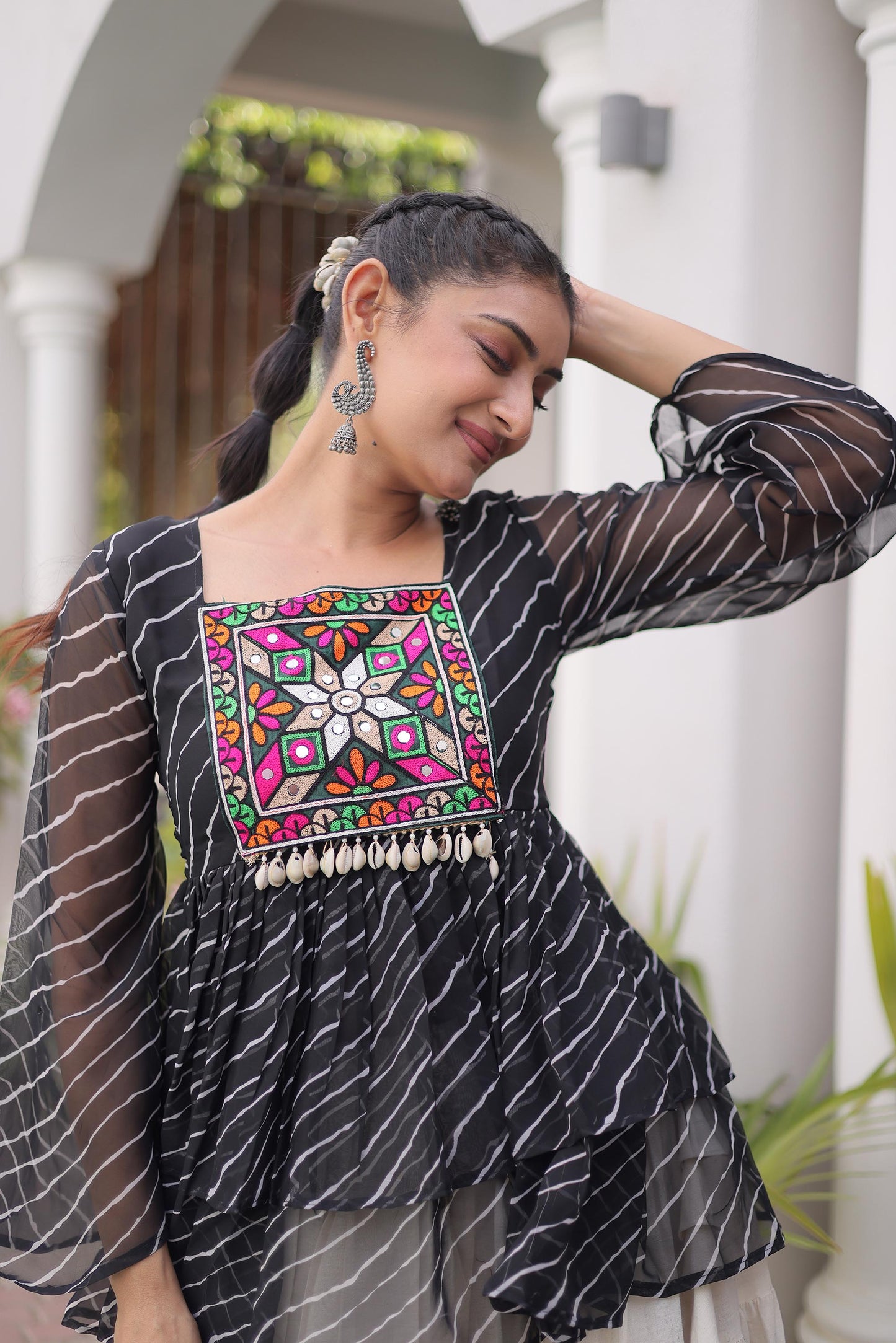 White & Black Kutchi Gamthi Patch Work Cotton Navratri Lehenga Choli
