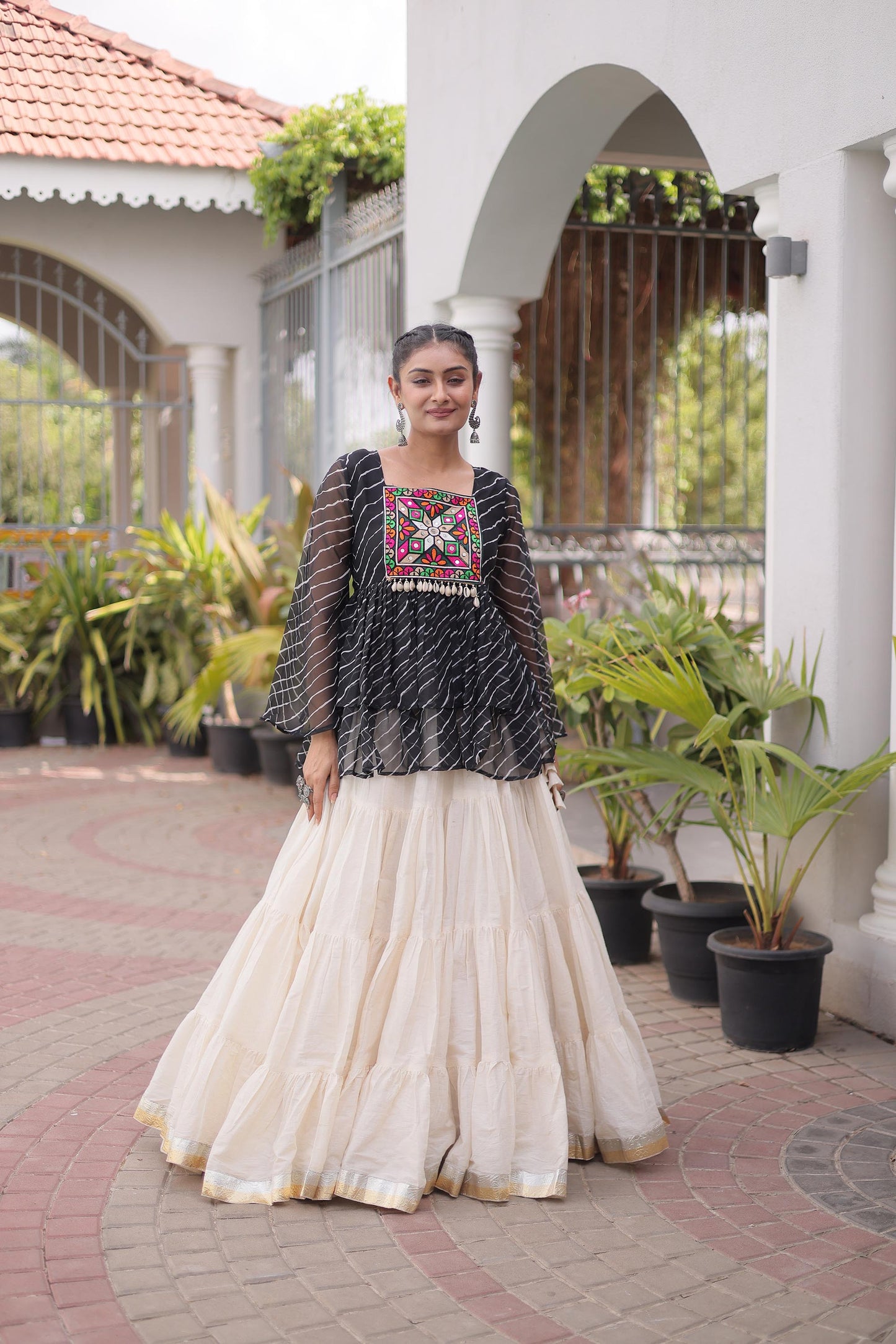 White & Black Kutchi Gamthi Patch Work Cotton Navratri Lehenga Choli