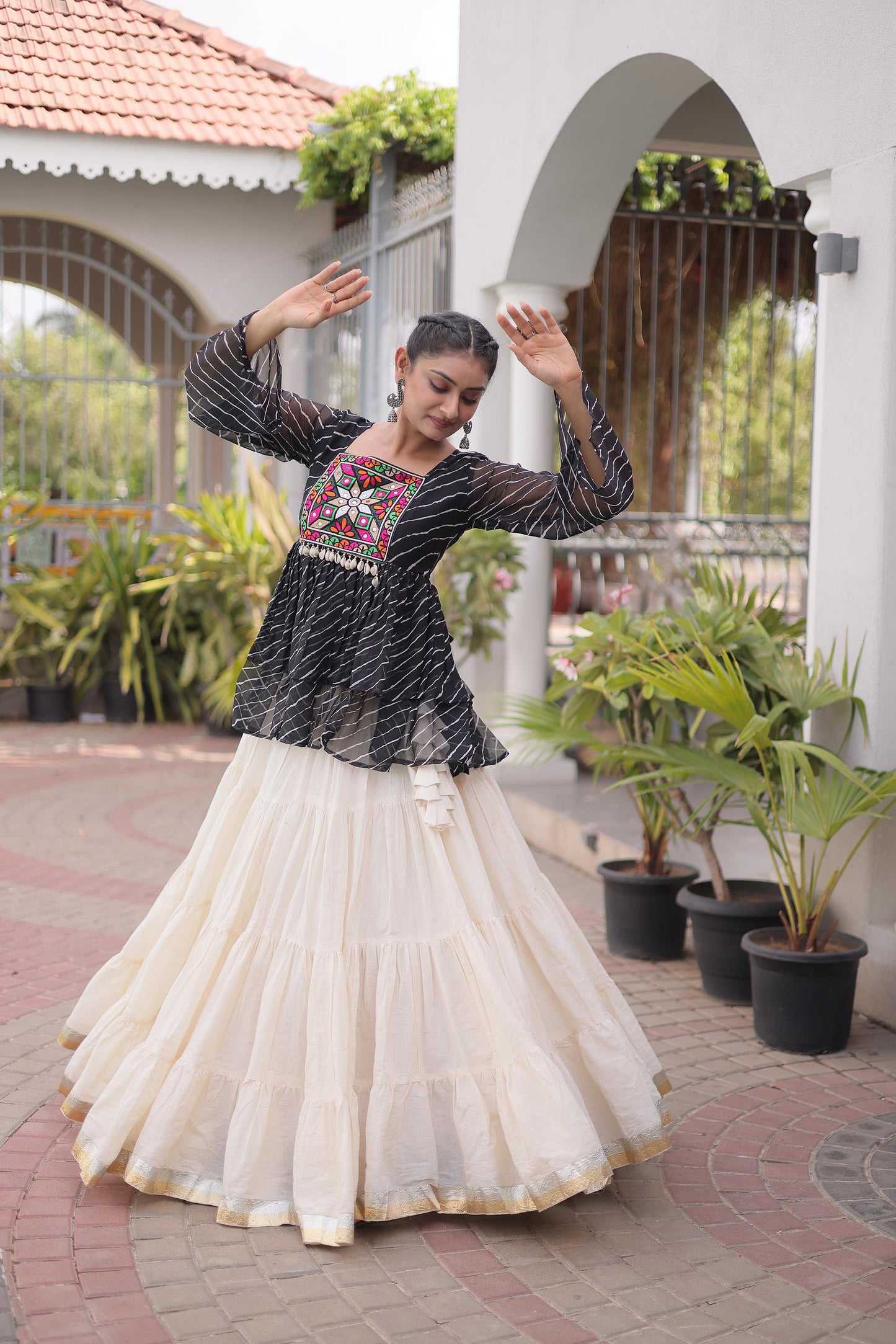 White & Black Kutchi Gamthi Patch Work Cotton Navratri Lehenga Choli