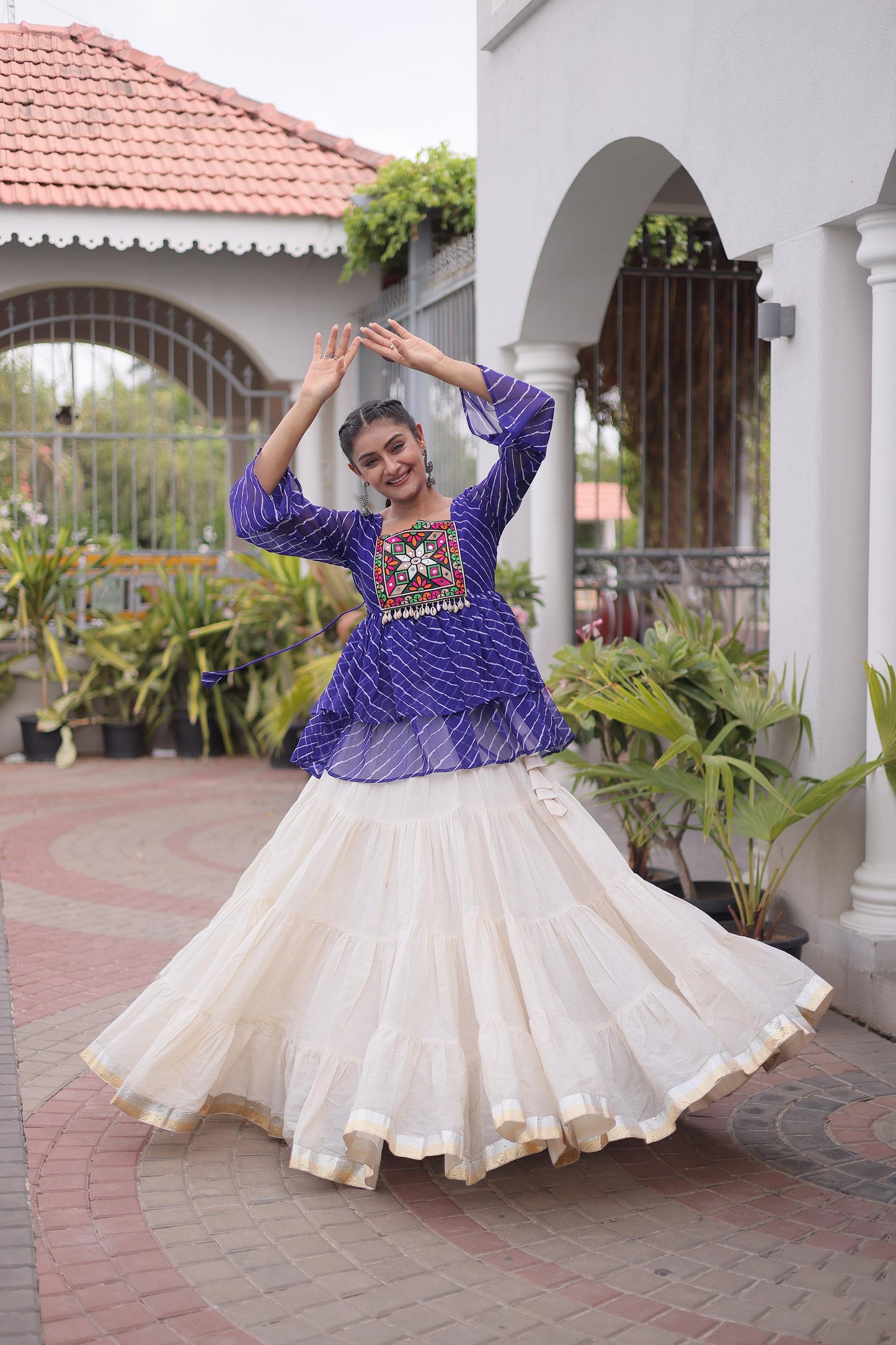 White & Blue Kutchi Gamthi Patch Work Cotton Navratri Lehenga Choli