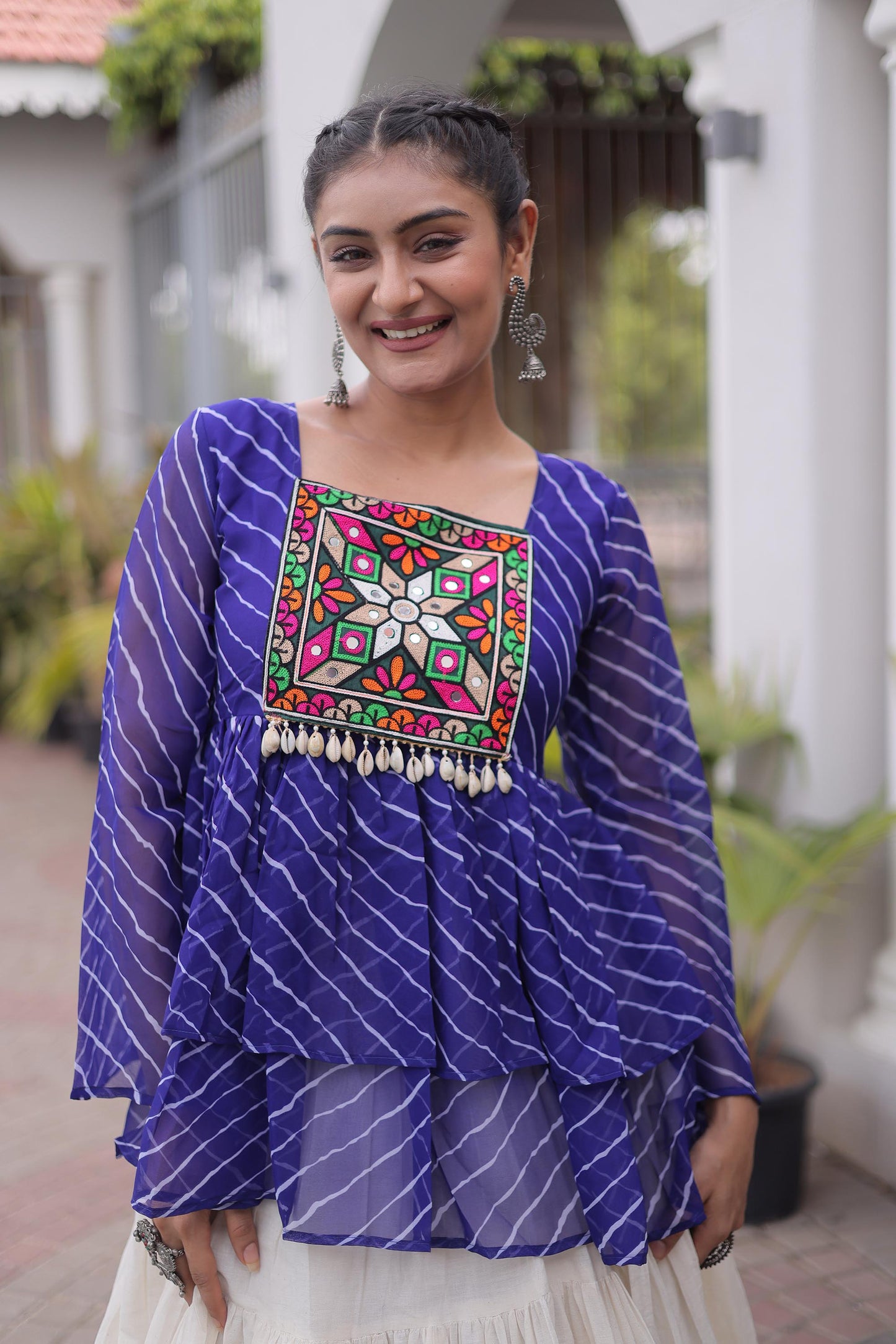 White & Blue Kutchi Gamthi Patch Work Cotton Navratri Lehenga Choli