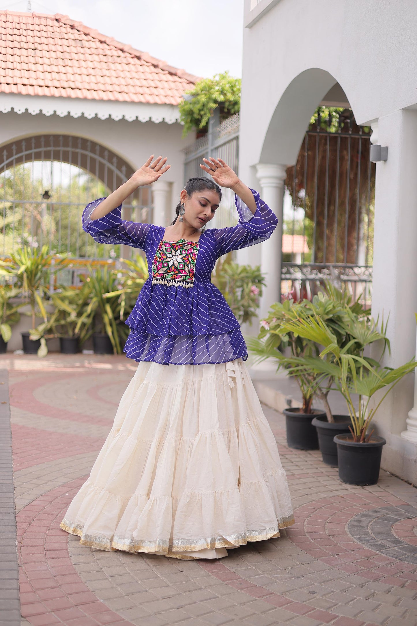 White & Blue Kutchi Gamthi Patch Work Cotton Navratri Lehenga Choli