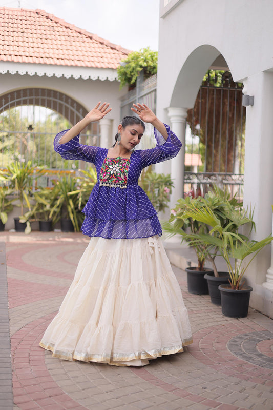 White & Blue Kutchi Gamthi Patch Work Cotton Navratri Lehenga Choli