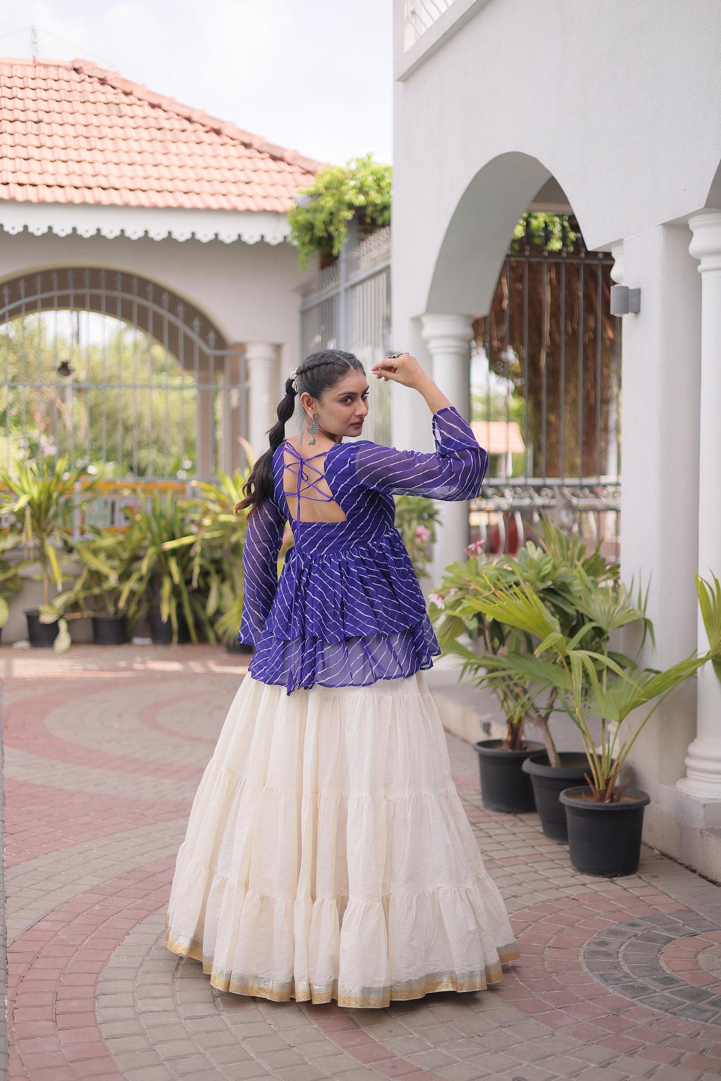 White & Blue Kutchi Gamthi Patch Work Cotton Navratri Lehenga Choli