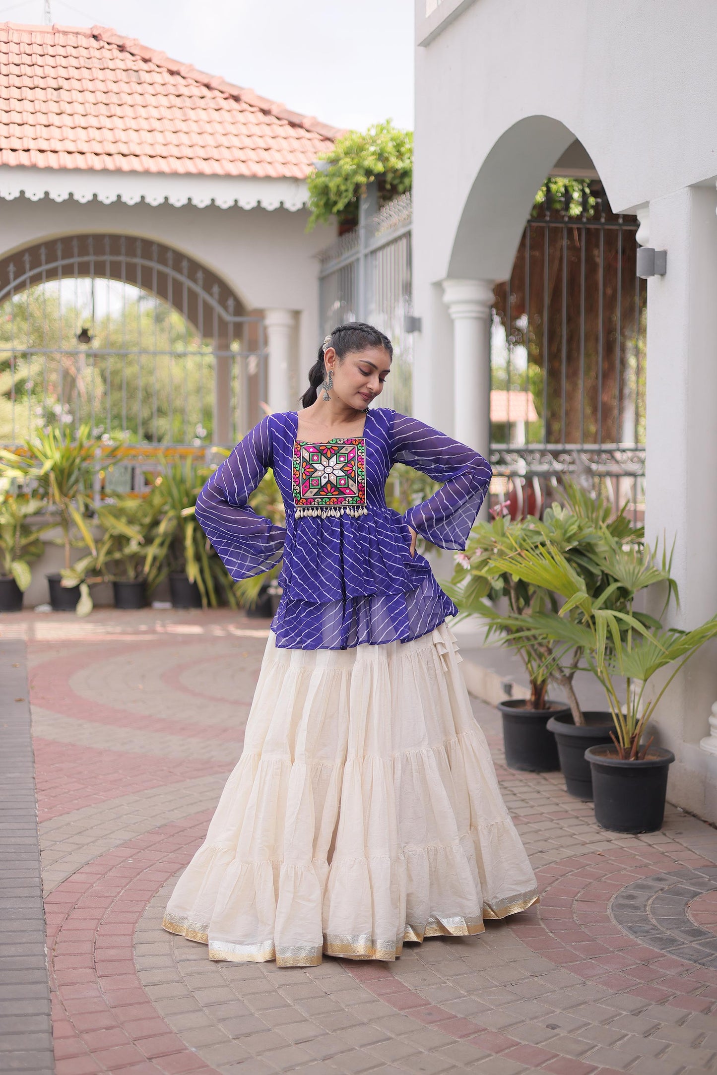 White & Blue Kutchi Gamthi Patch Work Cotton Navratri Lehenga Choli