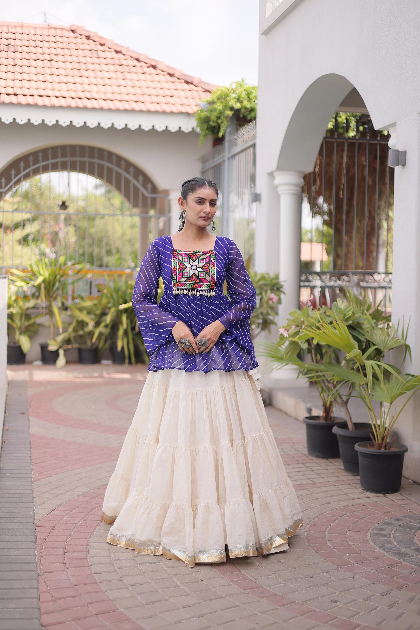White & Blue Kutchi Gamthi Patch Work Cotton Navratri Lehenga Choli