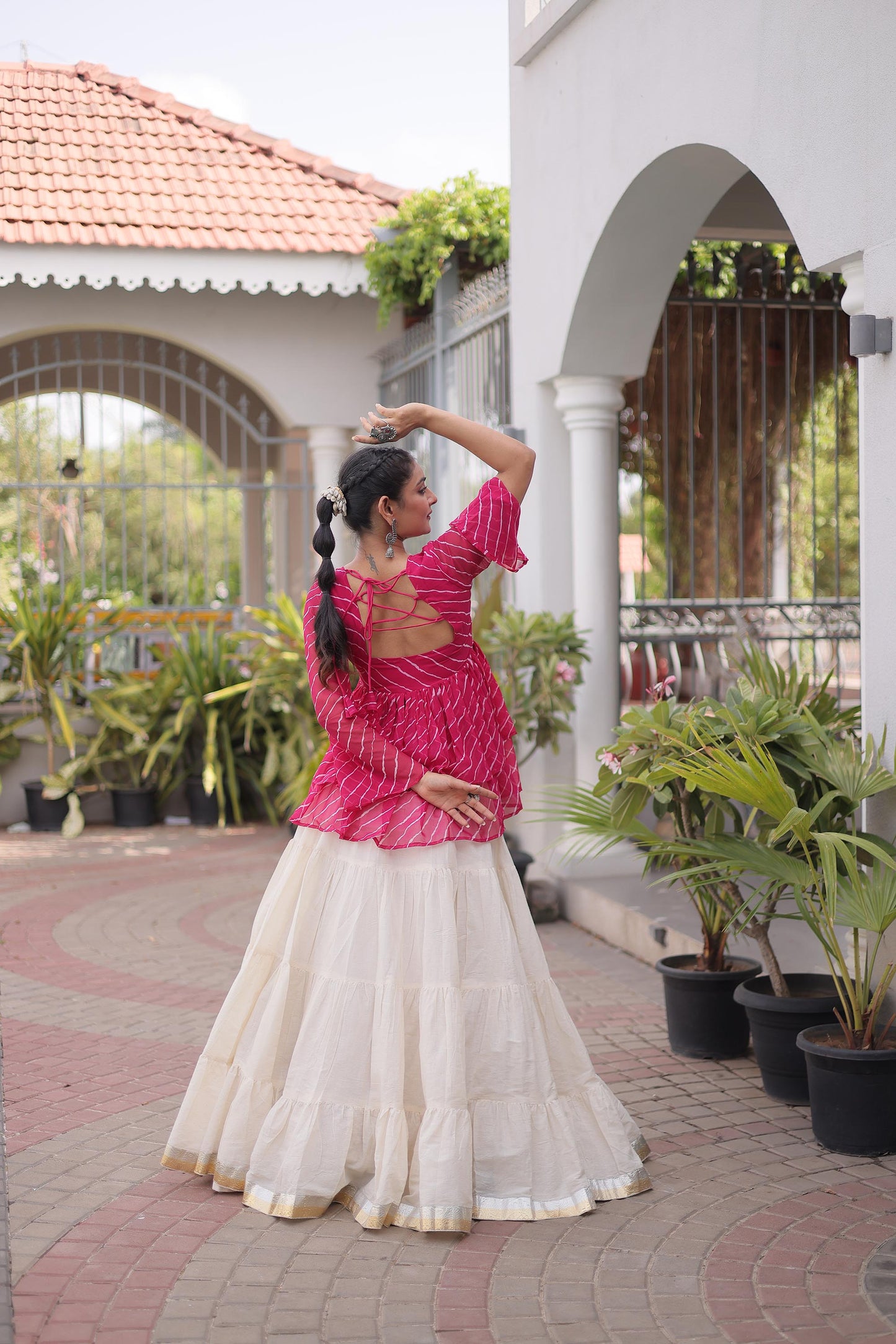 White & Pink Kutchi Gamthi Patch Work Cotton Navratri Lehenga Choli