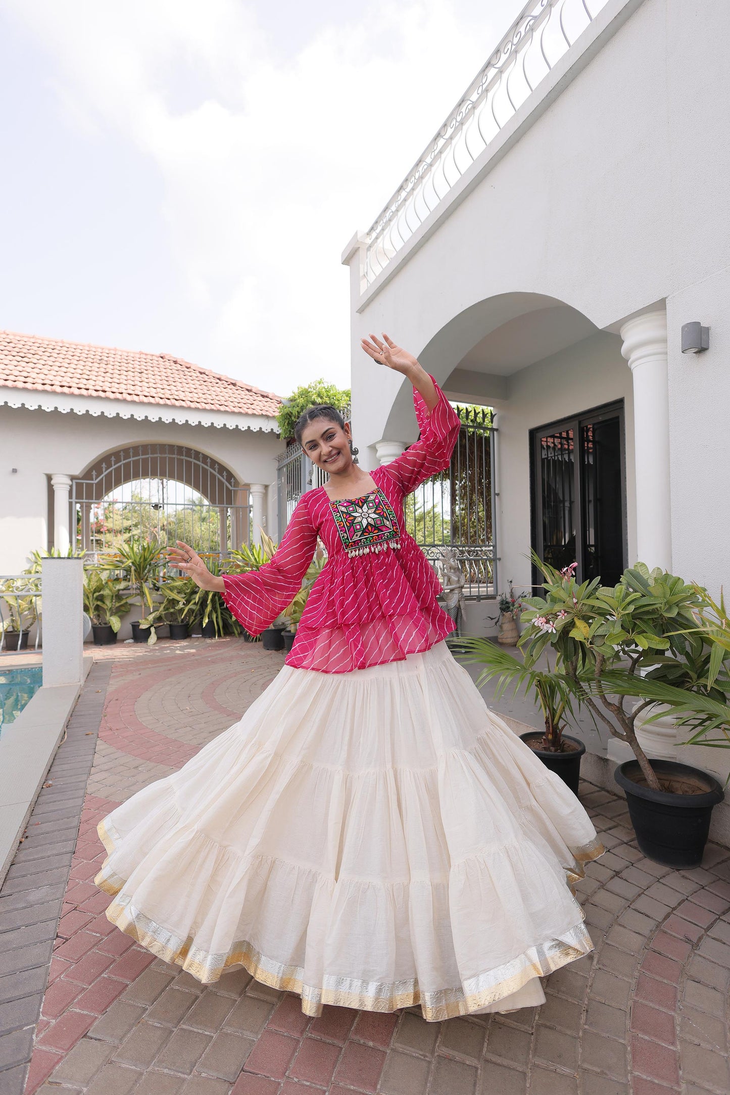 White & Pink Kutchi Gamthi Patch Work Cotton Navratri Lehenga Choli