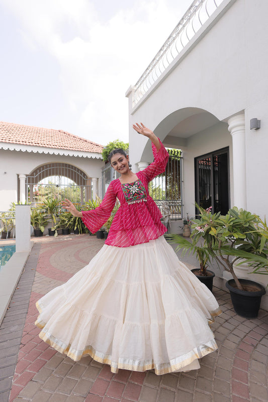 White & Pink Kutchi Gamthi Patch Work Cotton Navratri Lehenga Choli