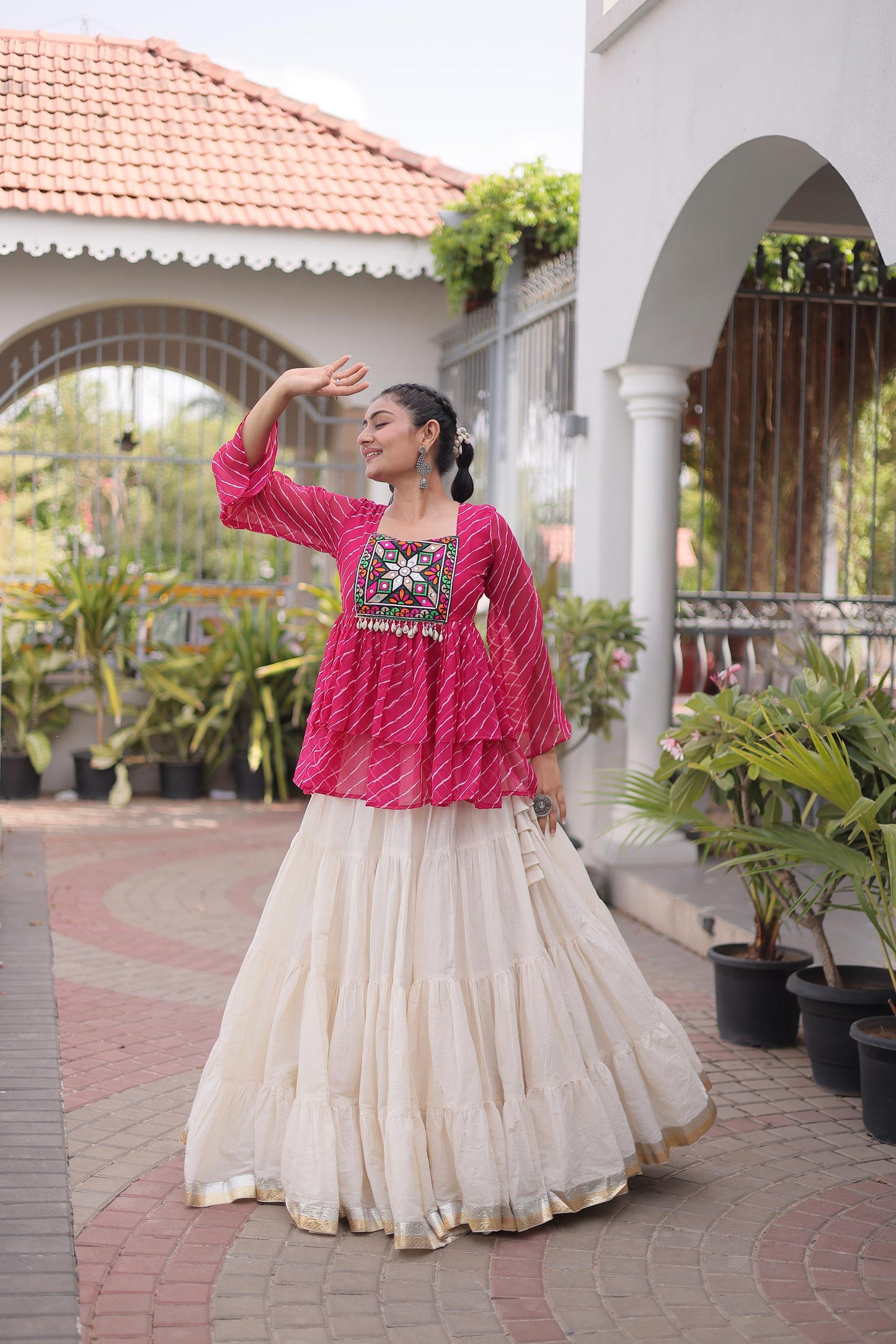 White & Pink Kutchi Gamthi Patch Work Cotton Navratri Lehenga Choli