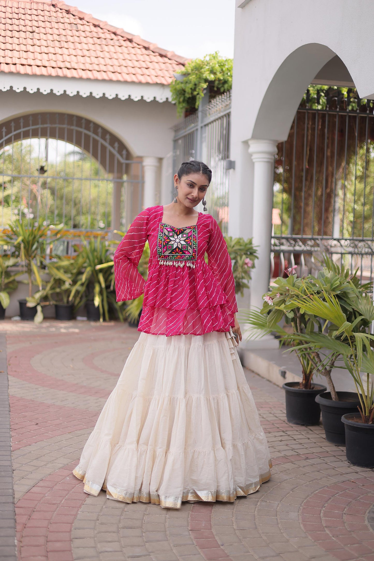 White & Pink Kutchi Gamthi Patch Work Cotton Navratri Lehenga Choli