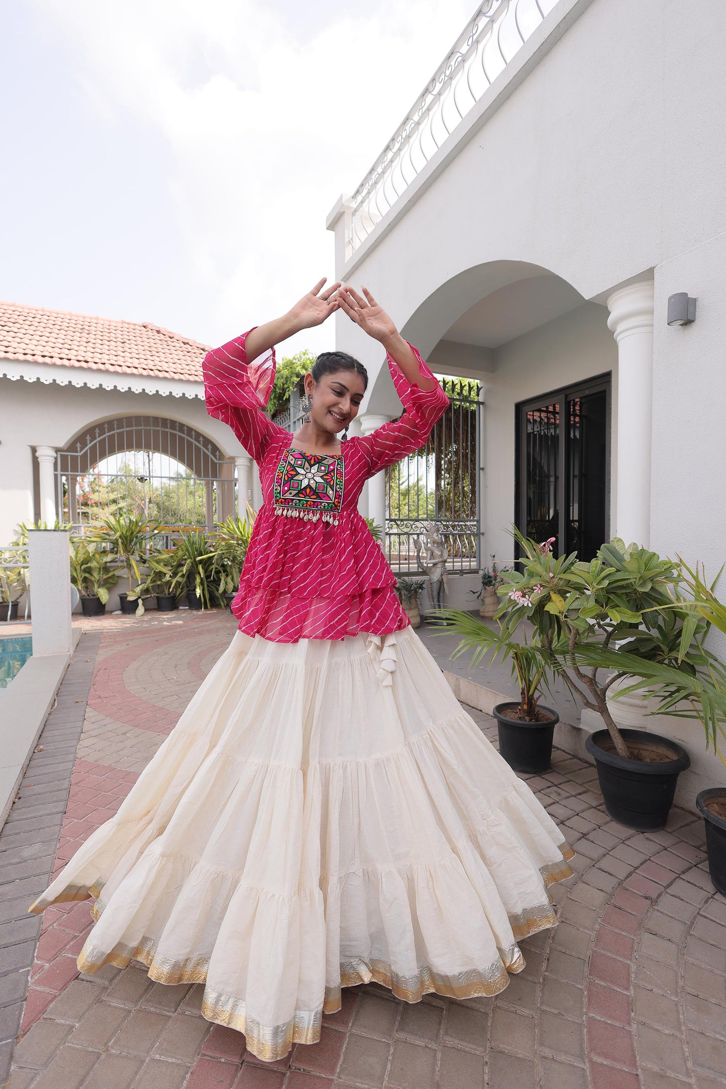 White & Pink Kutchi Gamthi Patch Work Cotton Navratri Lehenga Choli