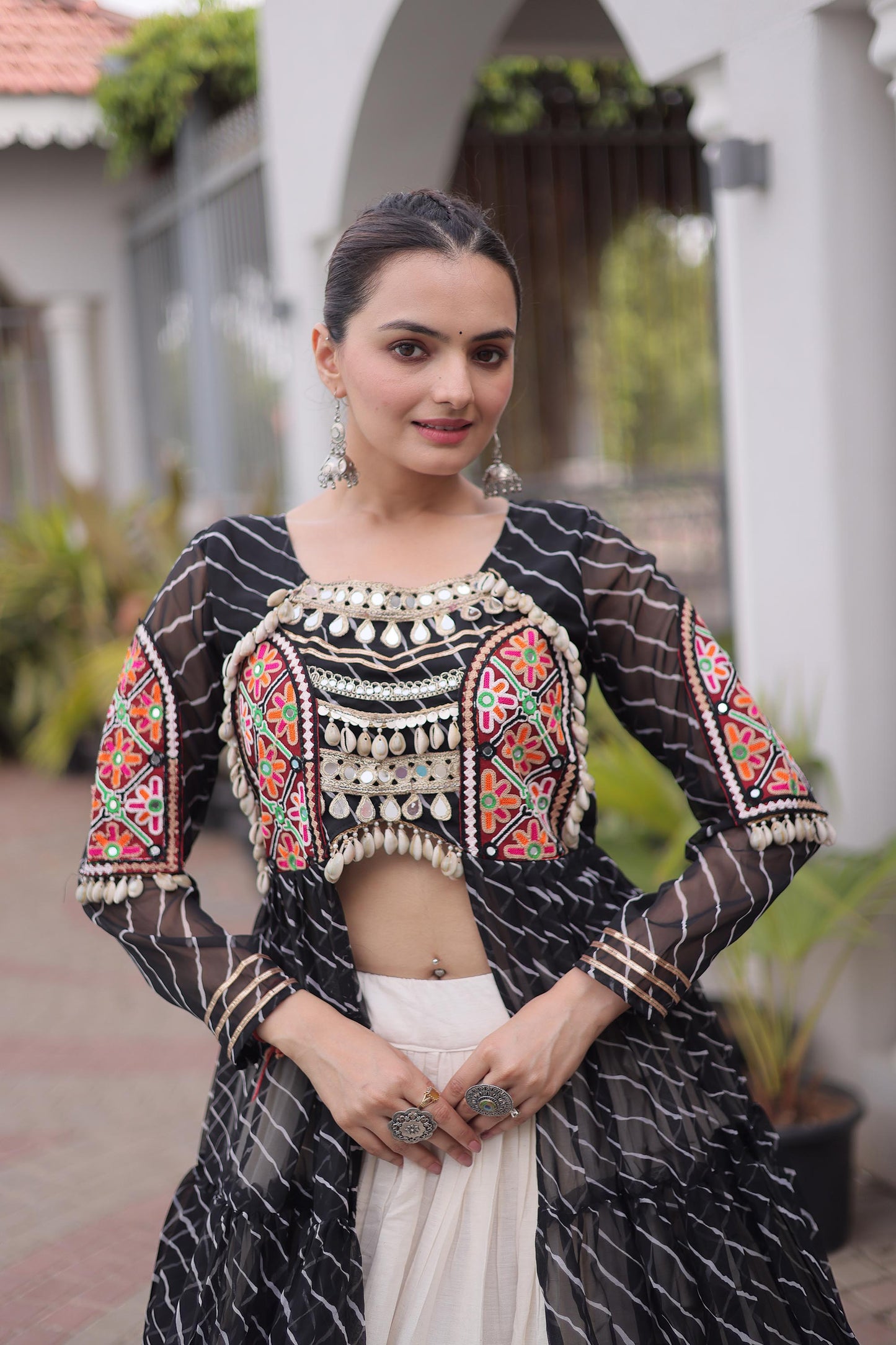 Black Faux Georgette Lehariya Print with Kutchi Patchwork Navratri Lehenga Choli