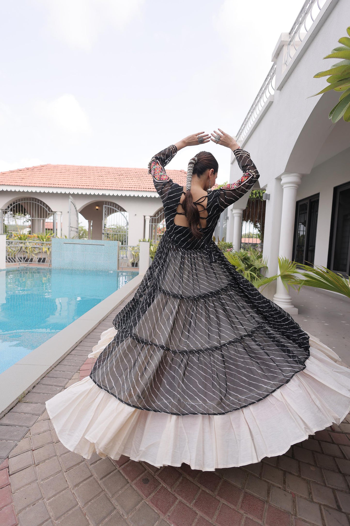 Black Faux Georgette Lehariya Print with Kutchi Patchwork Navratri Lehenga Choli