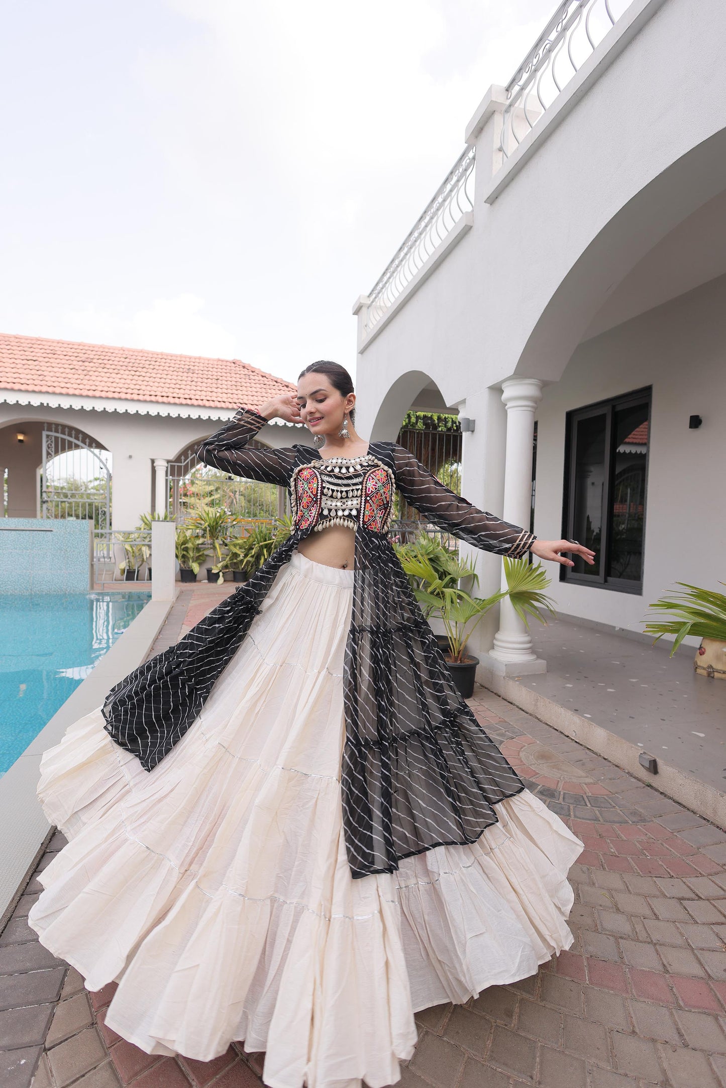 Black Faux Georgette Lehariya Print with Kutchi Patchwork Navratri Lehenga Choli