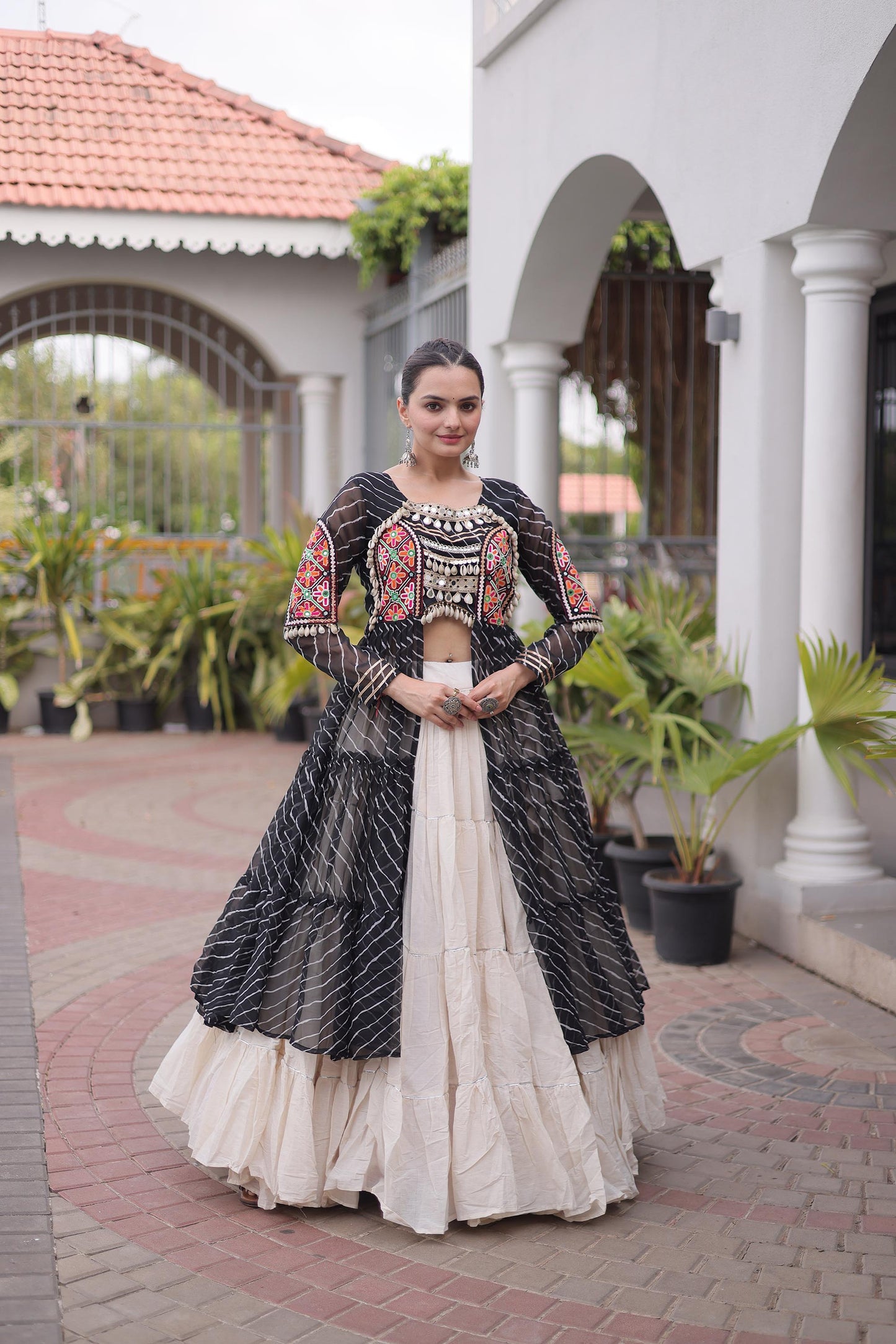 Black Faux Georgette Lehariya Print with Kutchi Patchwork Navratri Lehenga Choli