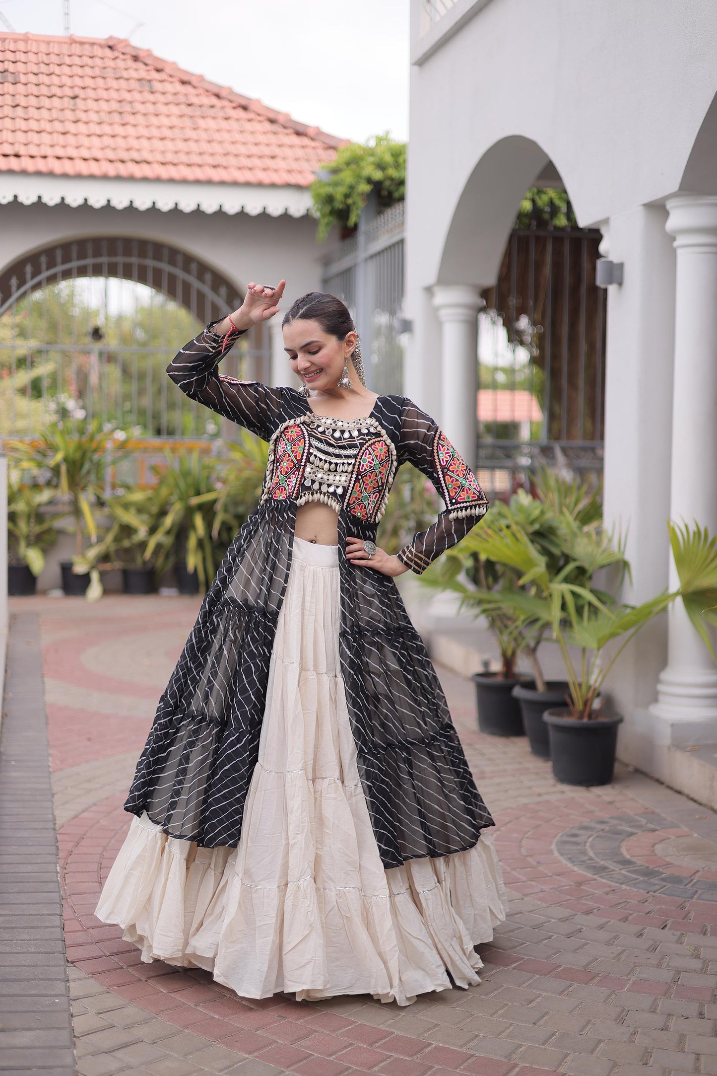 Black Faux Georgette Lehariya Print with Kutchi Patchwork Navratri Lehenga Choli