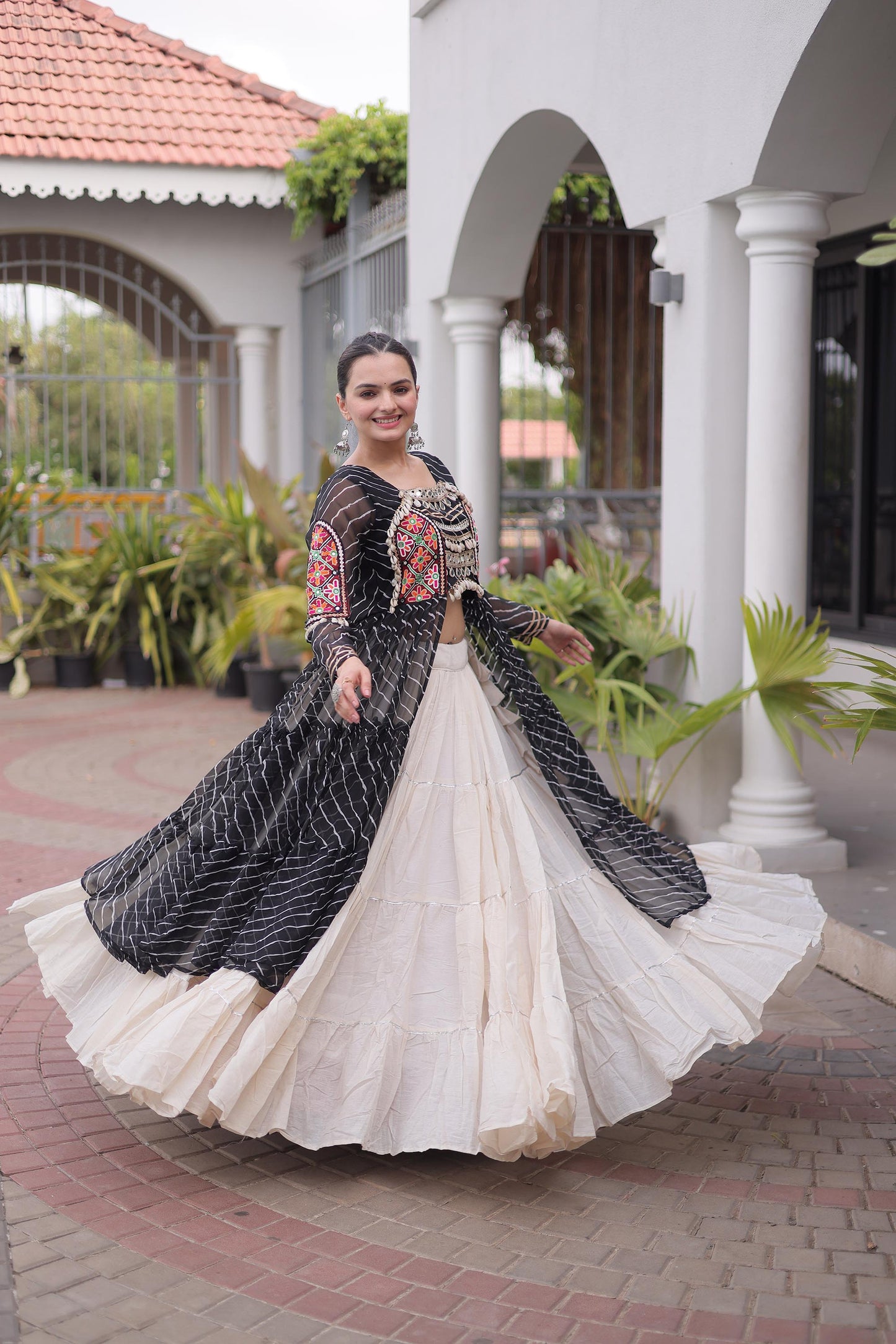 Black Faux Georgette Lehariya Print with Kutchi Patchwork Navratri Lehenga Choli