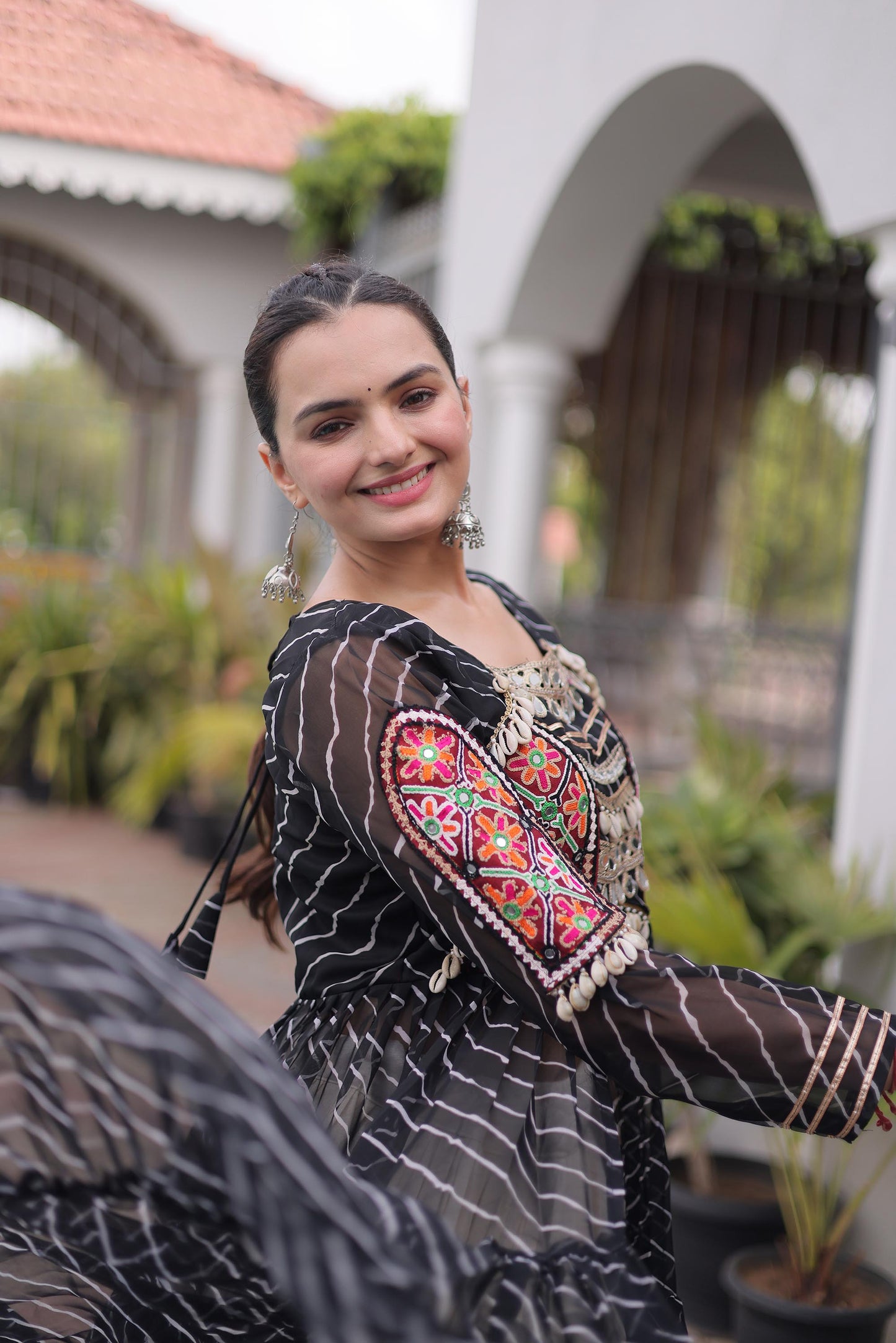 Black Faux Georgette Lehariya Print with Kutchi Patchwork Navratri Lehenga Choli