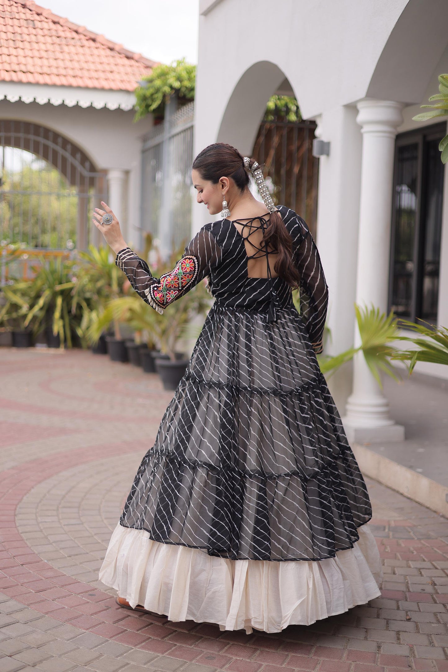 Black Faux Georgette Lehariya Print with Kutchi Patchwork Navratri Lehenga Choli