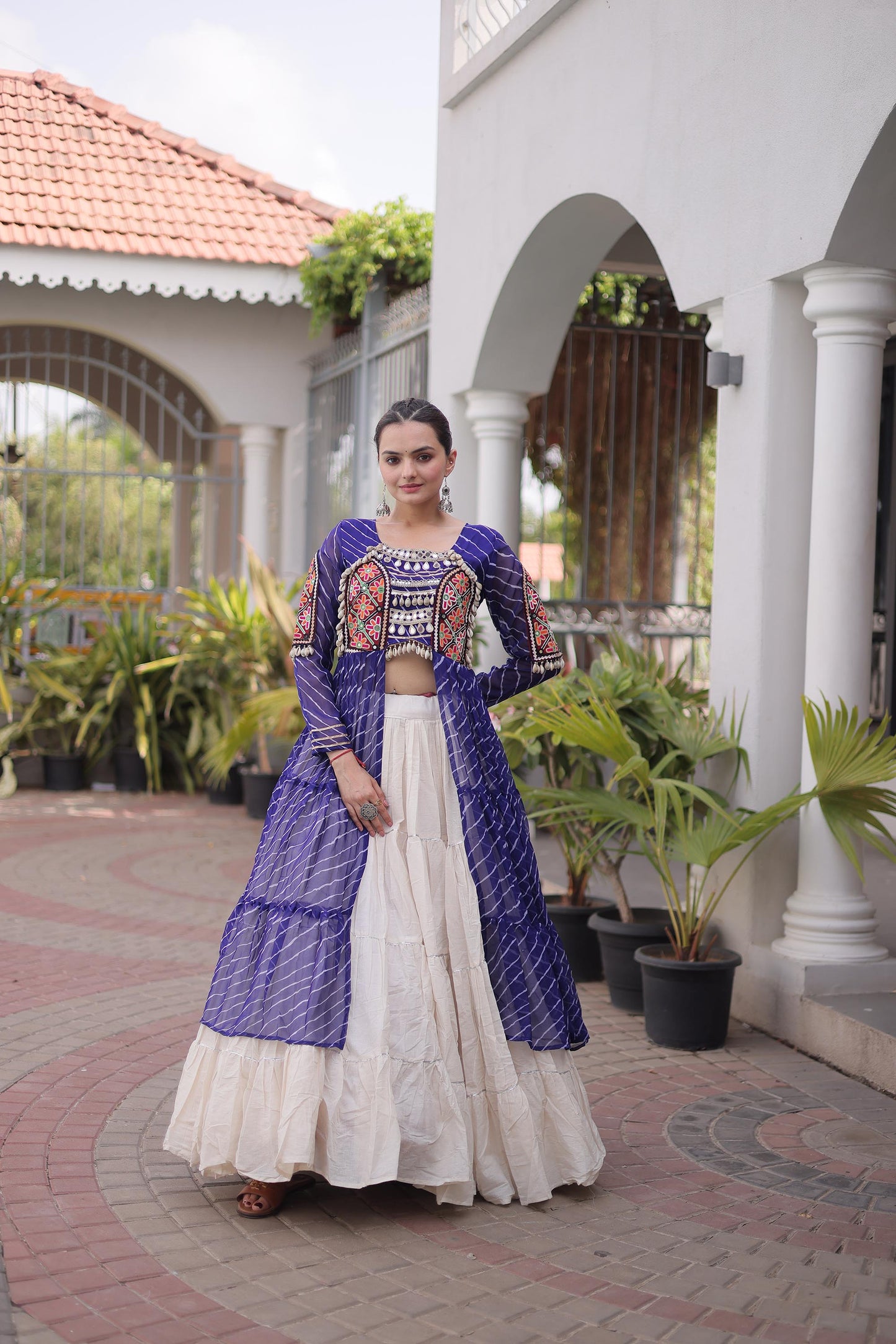 Blue Faux Georgette Lehariya Print with Kutchi Patchwork Navratri Lehenga Choli