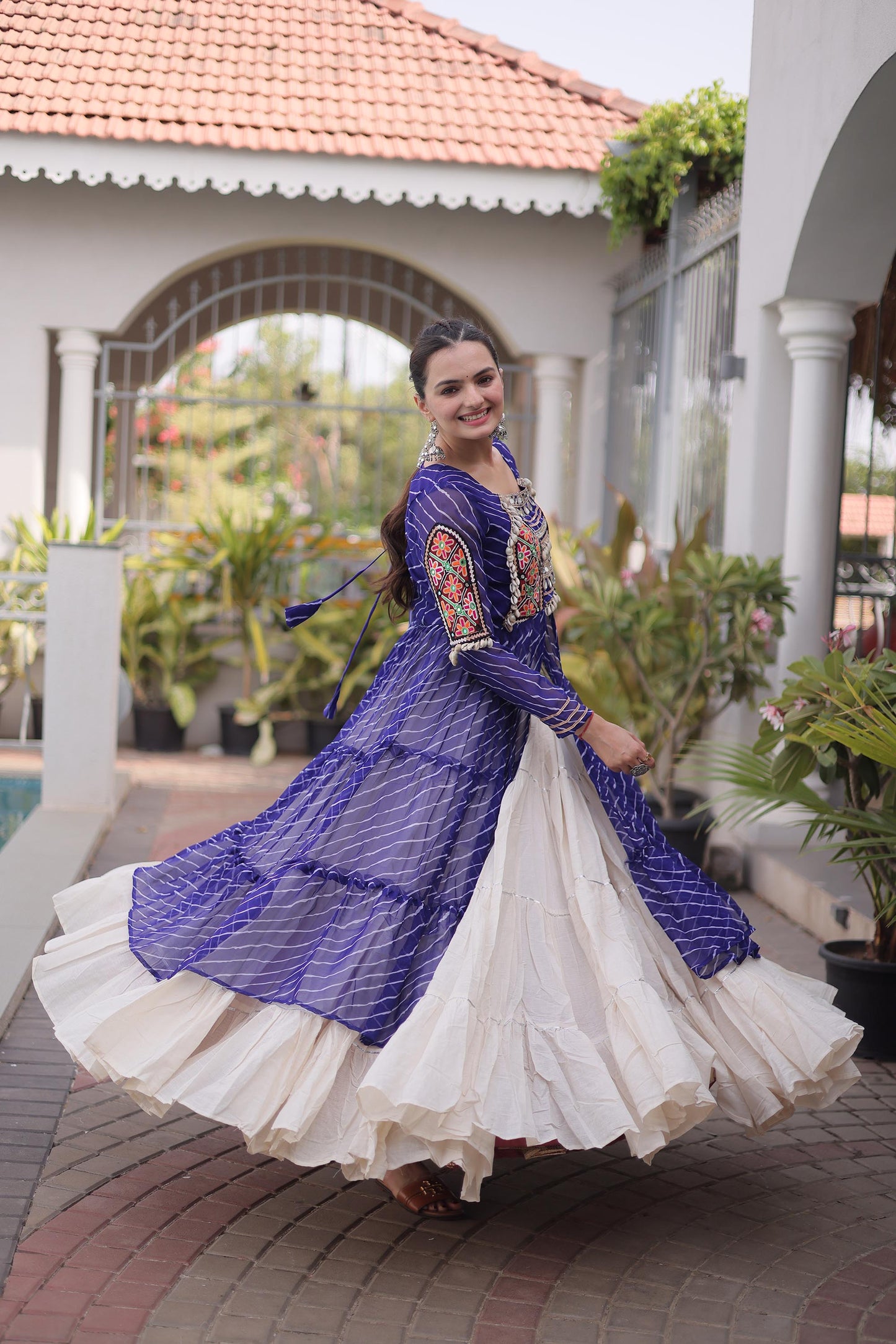 Blue Faux Georgette Lehariya Print with Kutchi Patchwork Navratri Lehenga Choli