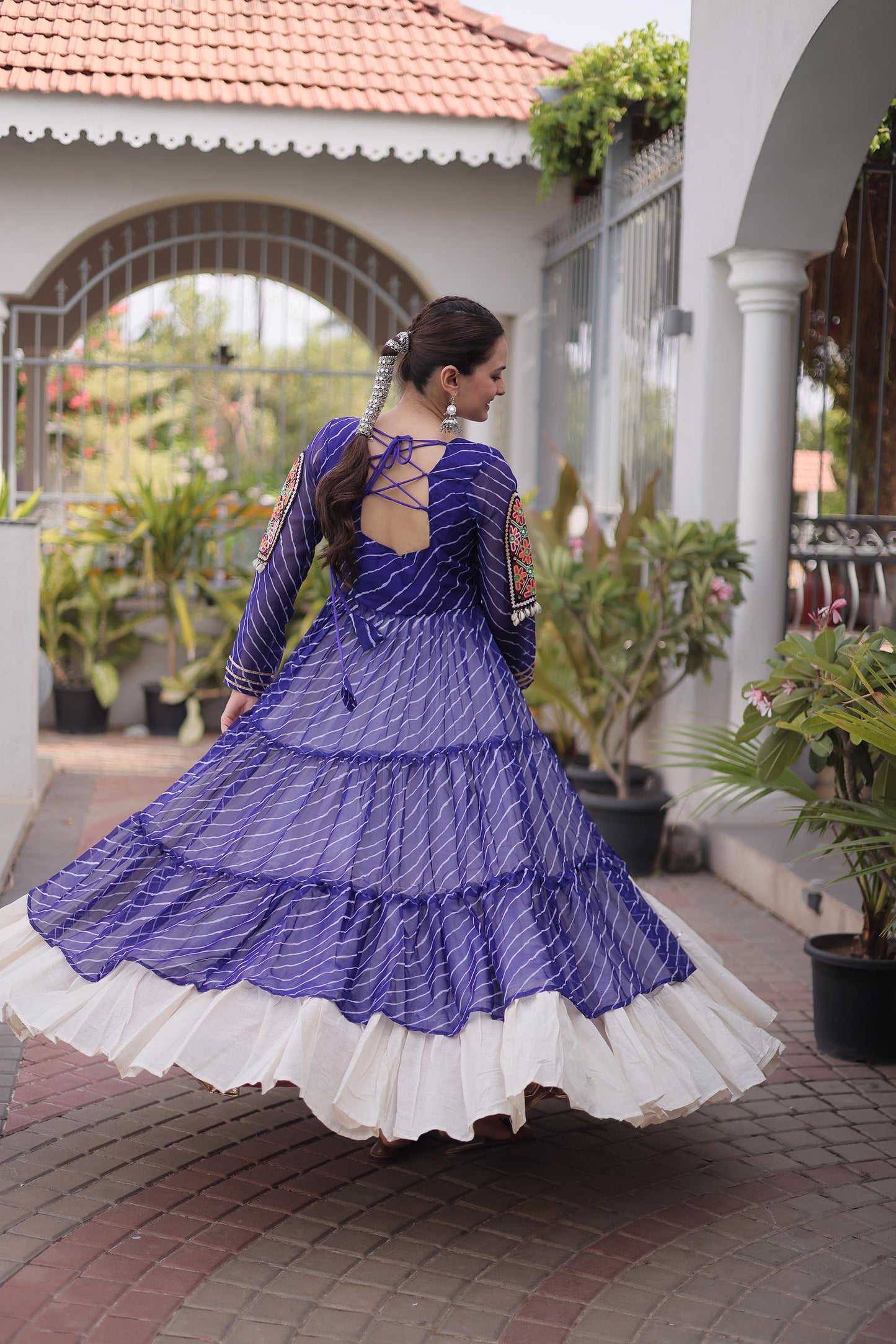 Blue Faux Georgette Lehariya Print with Kutchi Patchwork Navratri Lehenga Choli