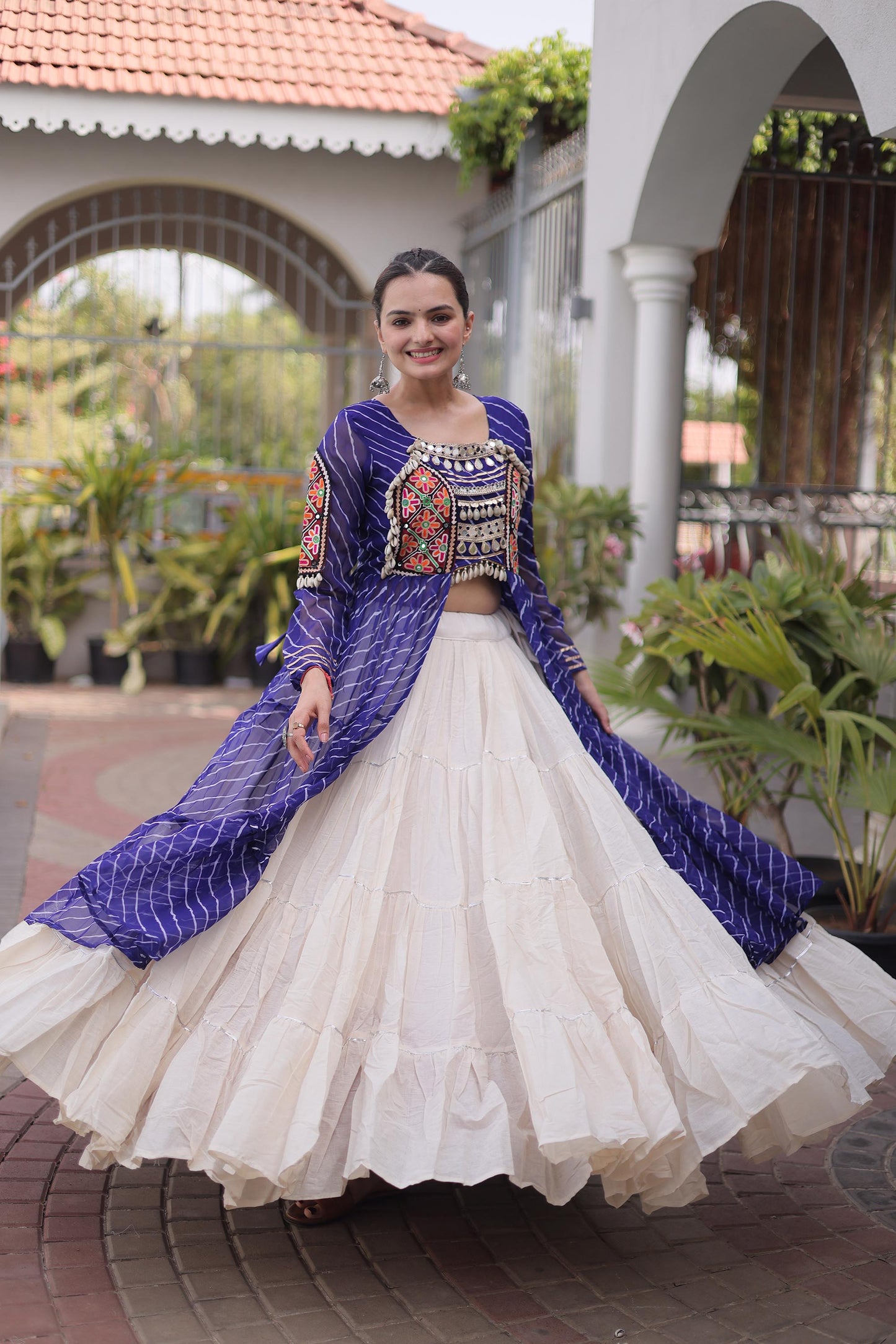 Blue Faux Georgette Lehariya Print with Kutchi Patchwork Navratri Lehenga Choli