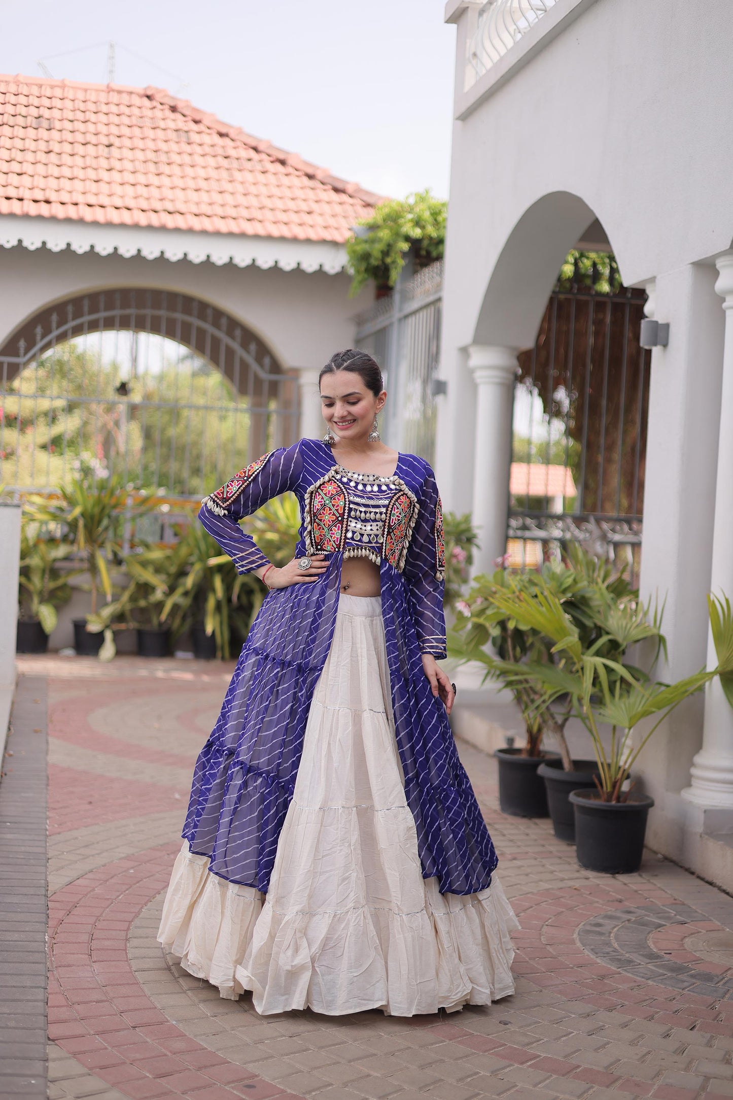 Blue Faux Georgette Lehariya Print with Kutchi Patchwork Navratri Lehenga Choli