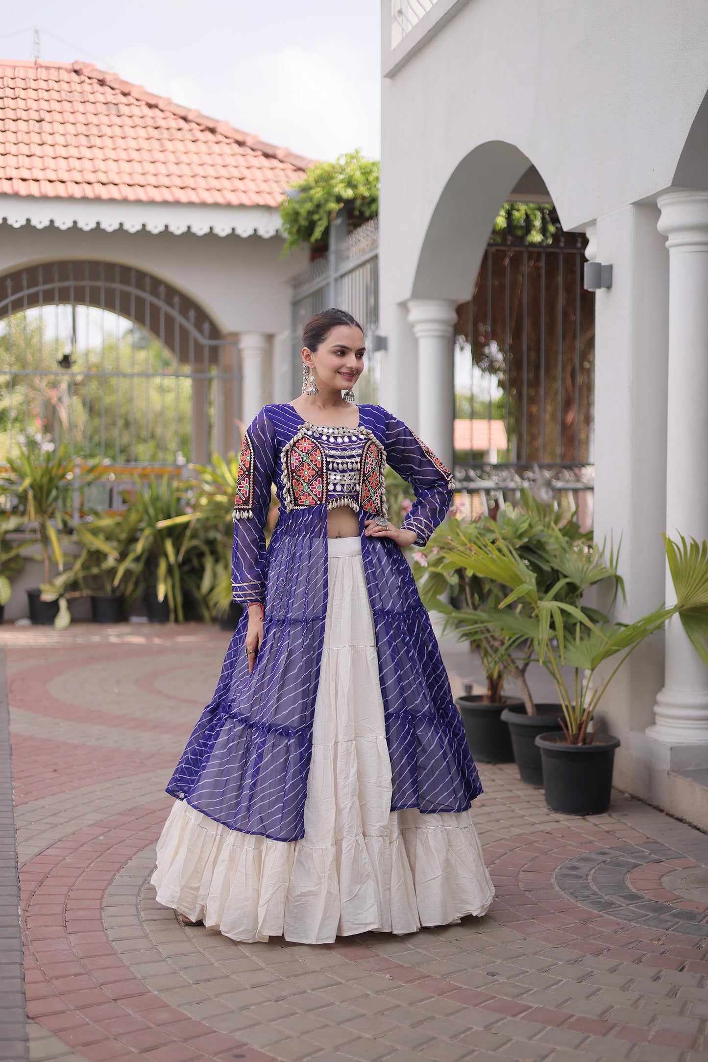 Blue Faux Georgette Lehariya Print with Kutchi Patchwork Navratri Lehenga Choli