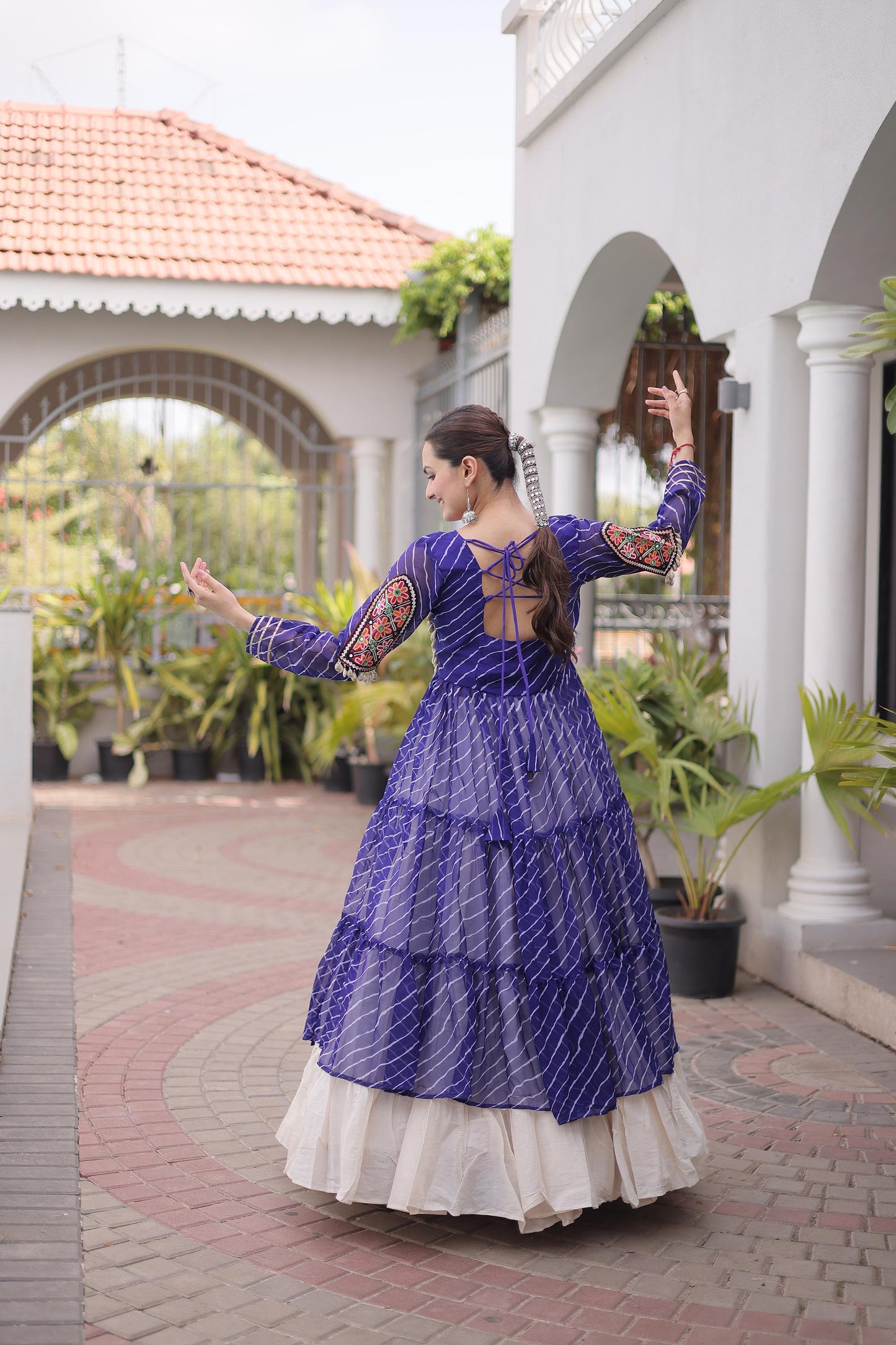 Blue Faux Georgette Lehariya Print with Kutchi Patchwork Navratri Lehenga Choli