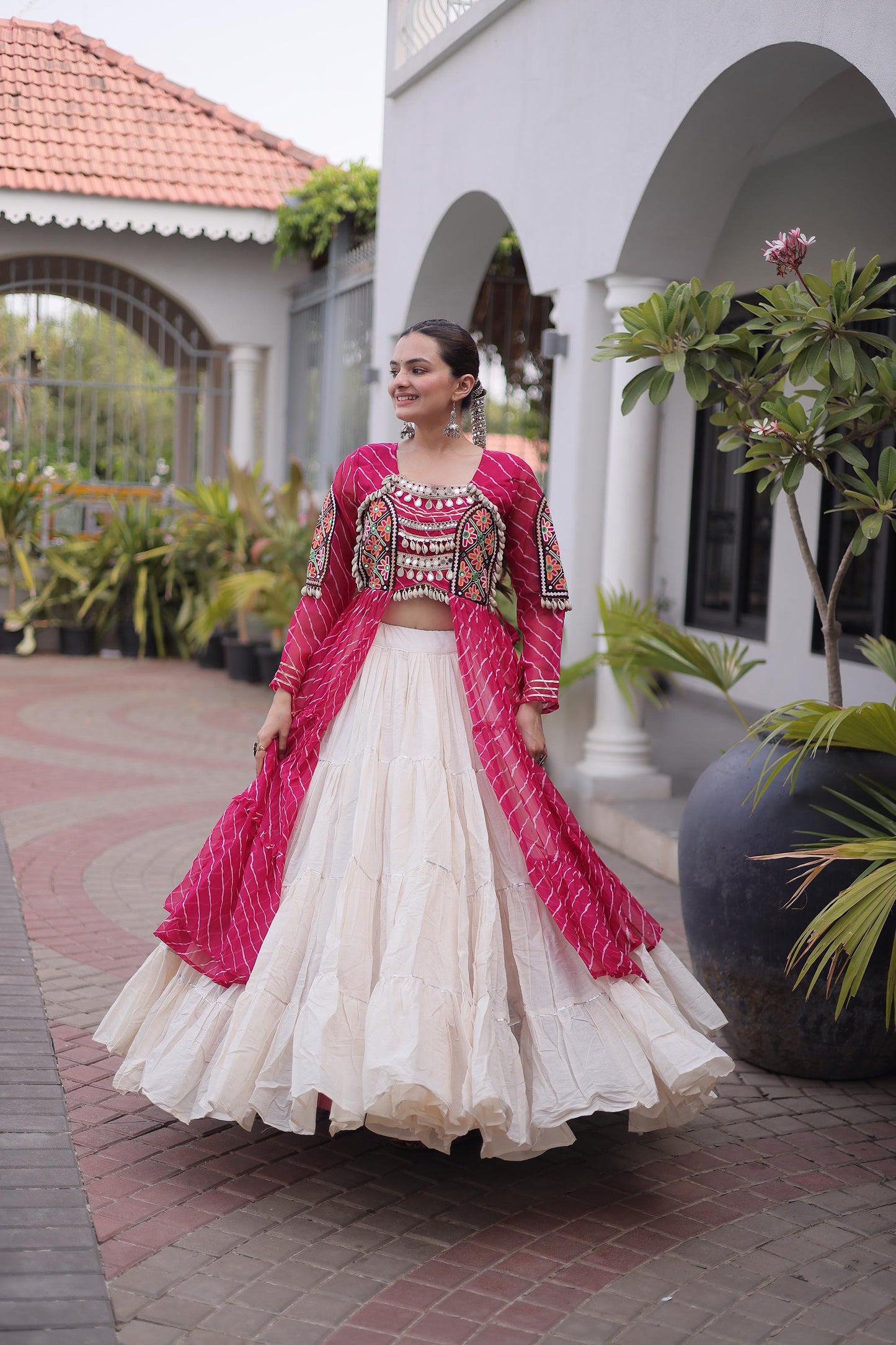 Pink Faux Georgette Lehariya Print with Kutchi Patchwork Navratri Lehenga Choli