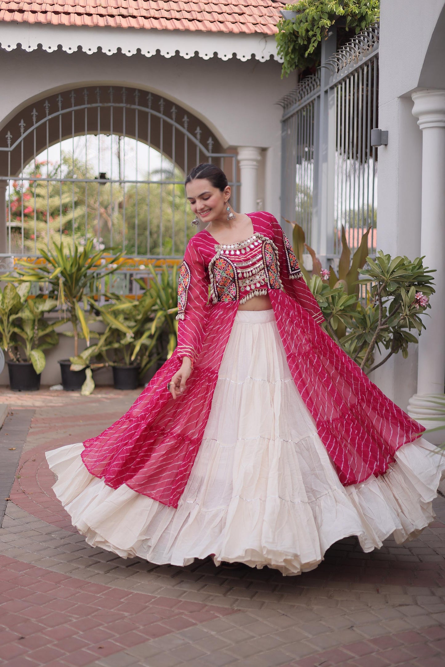 Pink Faux Georgette Lehariya Print with Kutchi Patchwork Navratri Lehenga Choli