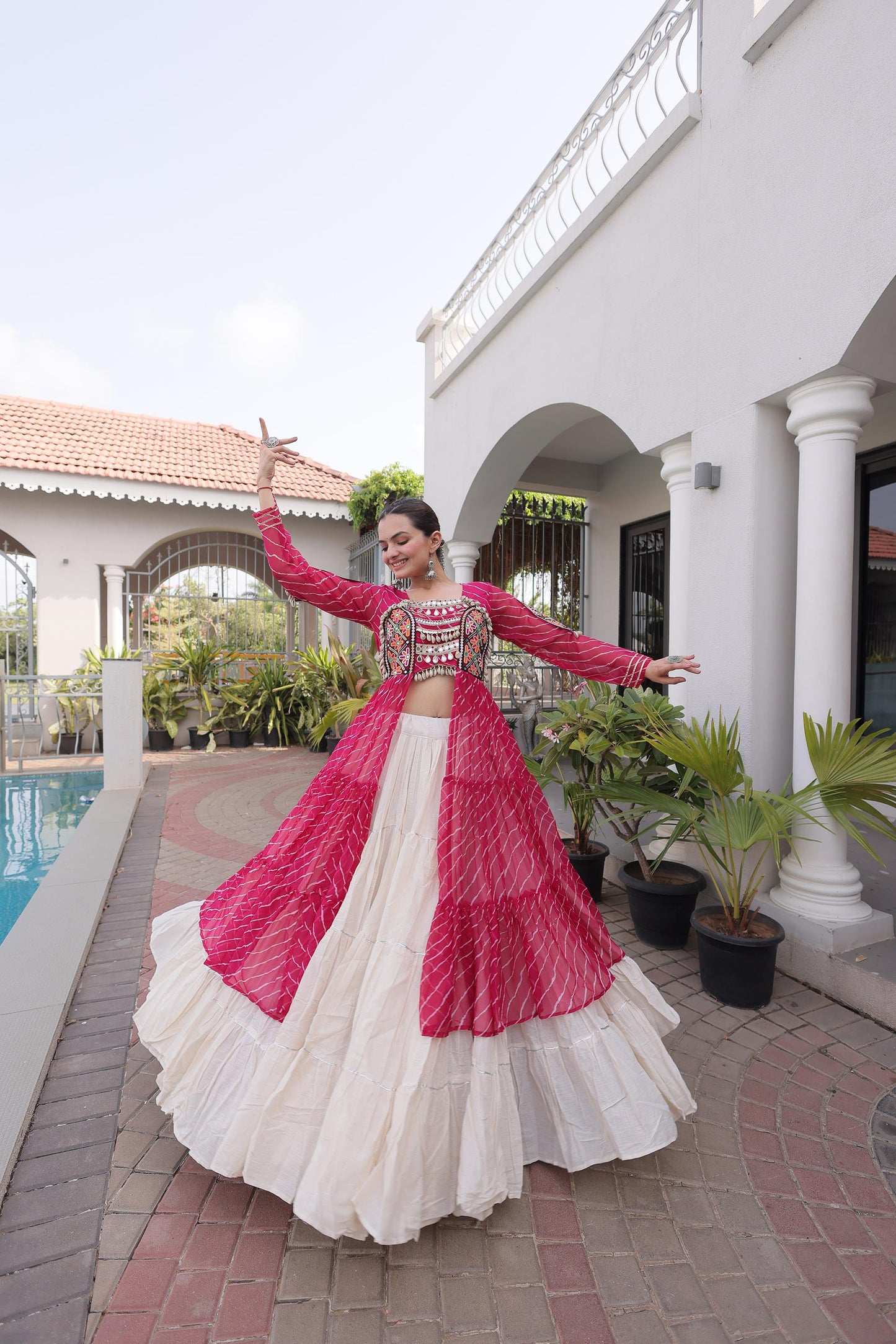 Pink Faux Georgette Lehariya Print with Kutchi Patchwork Navratri Lehenga Choli